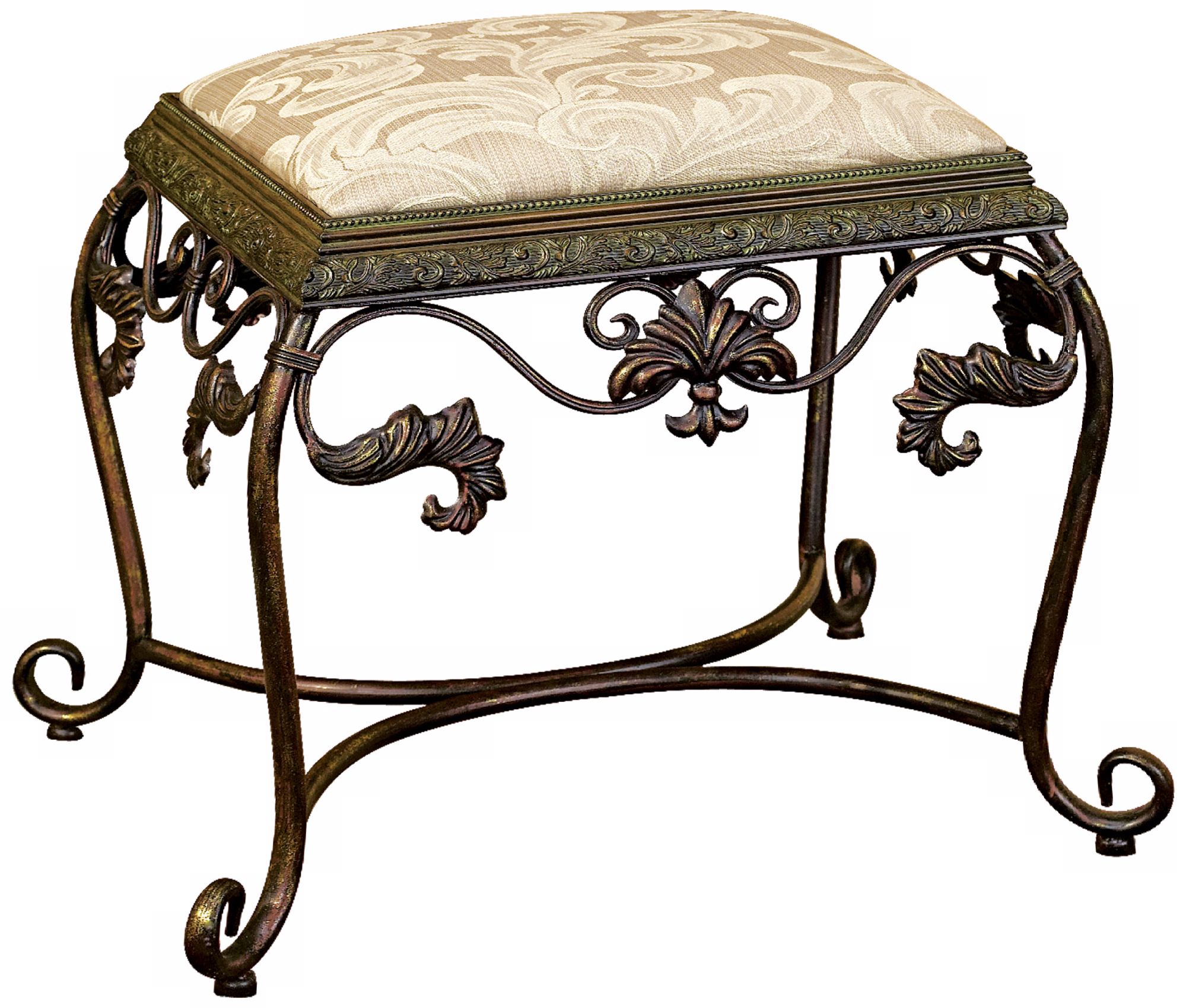 Iron Scroll Vanity Seat with Damask Fabric Cushion