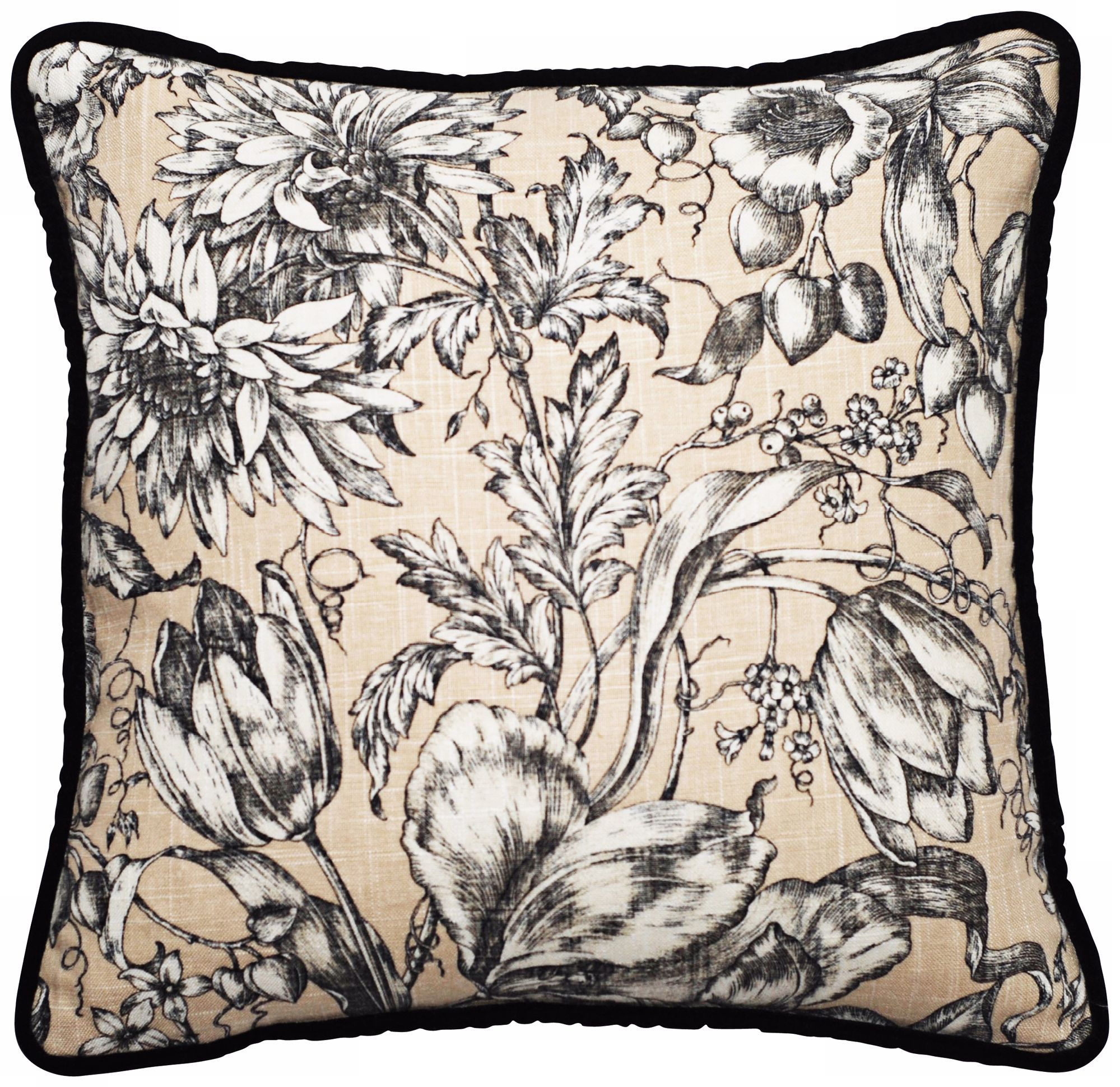 Vintage Garden Black and Natural 18" Square Throw Pillow