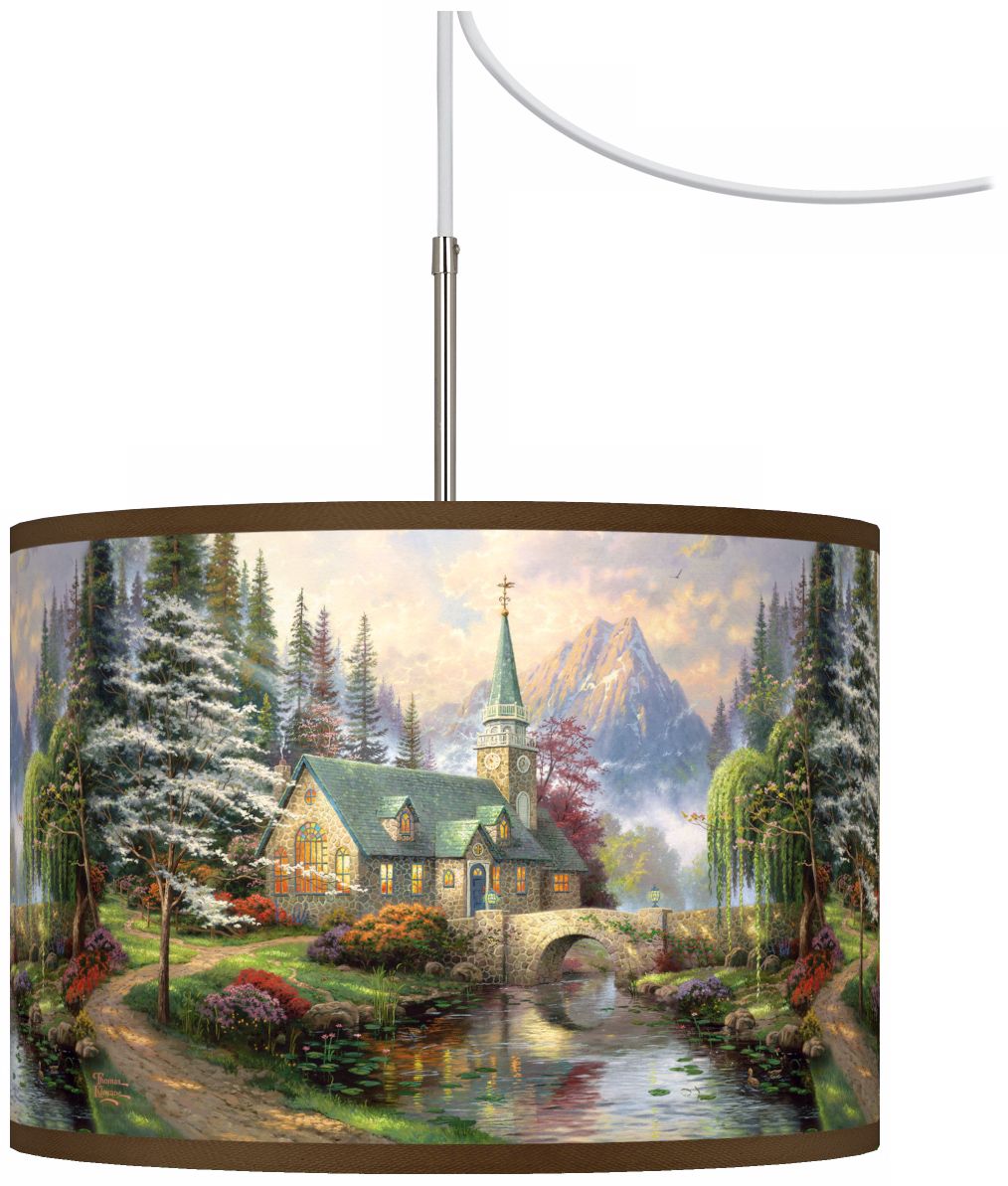 Thomas Kinkade Dogwood Chapel Giclee Plug-In Swag Chandelier