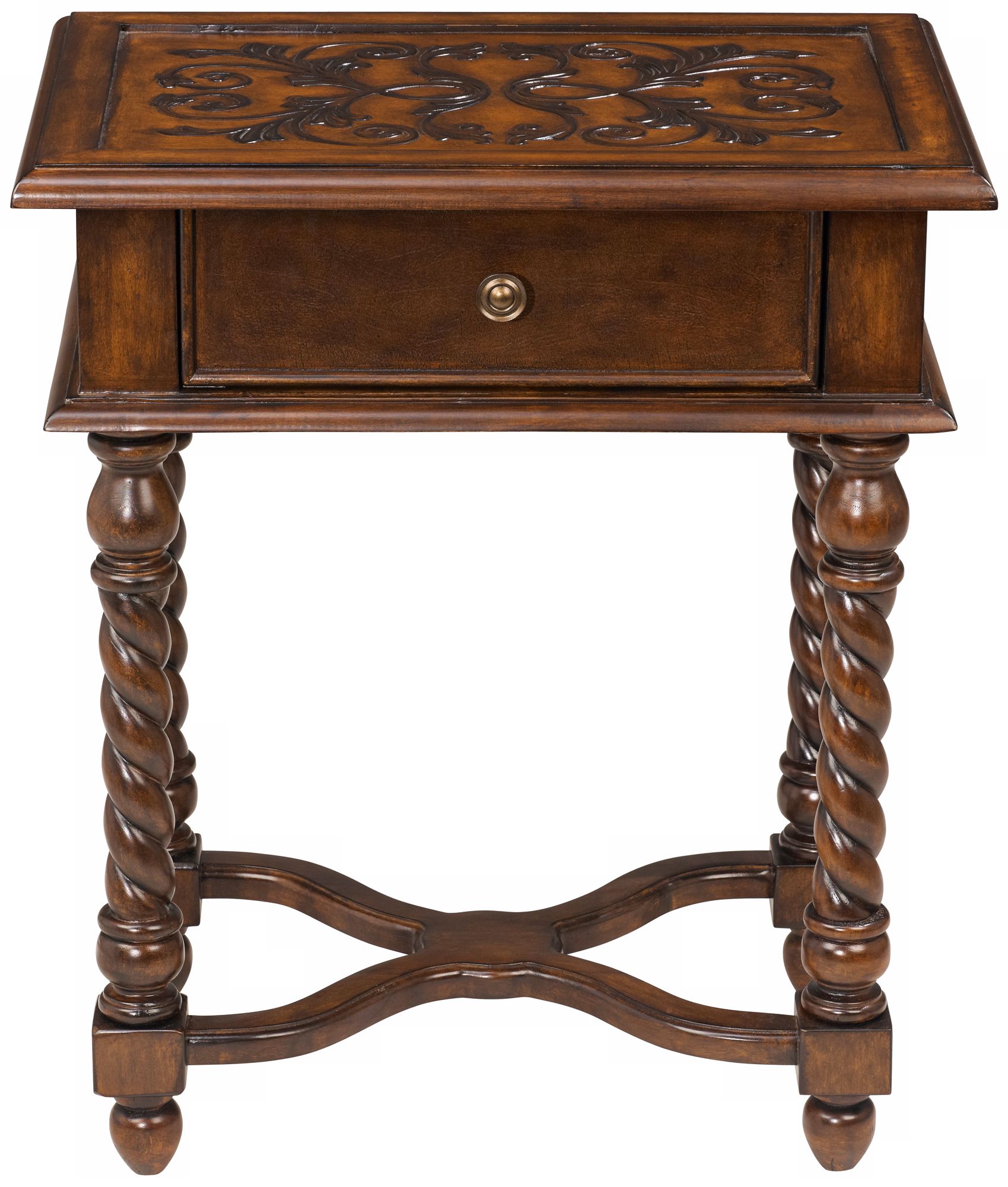 Jamestowne Scrolled Leather Top Birch Wood Accent Table