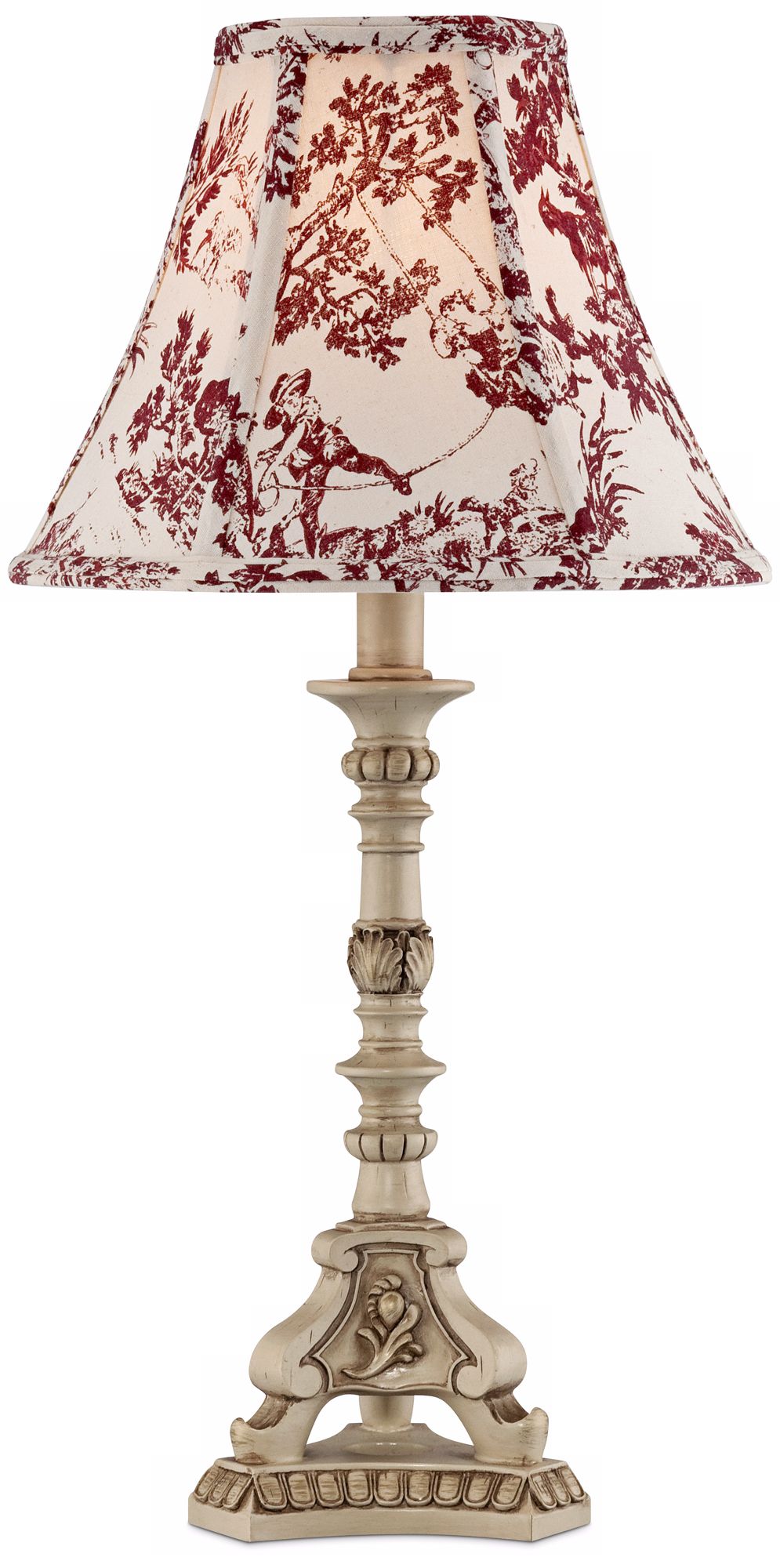 Antique Ivory French Candlestick Red Toile Shade Accent Lamp