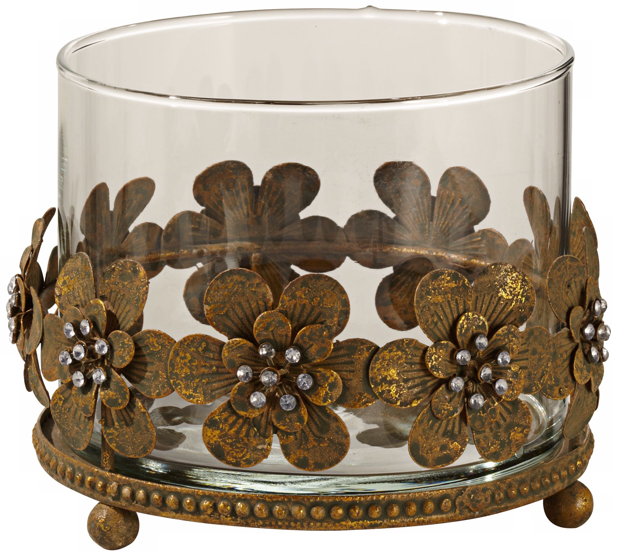 Glass and Rust Metal Flowers Pillar Candle Holder