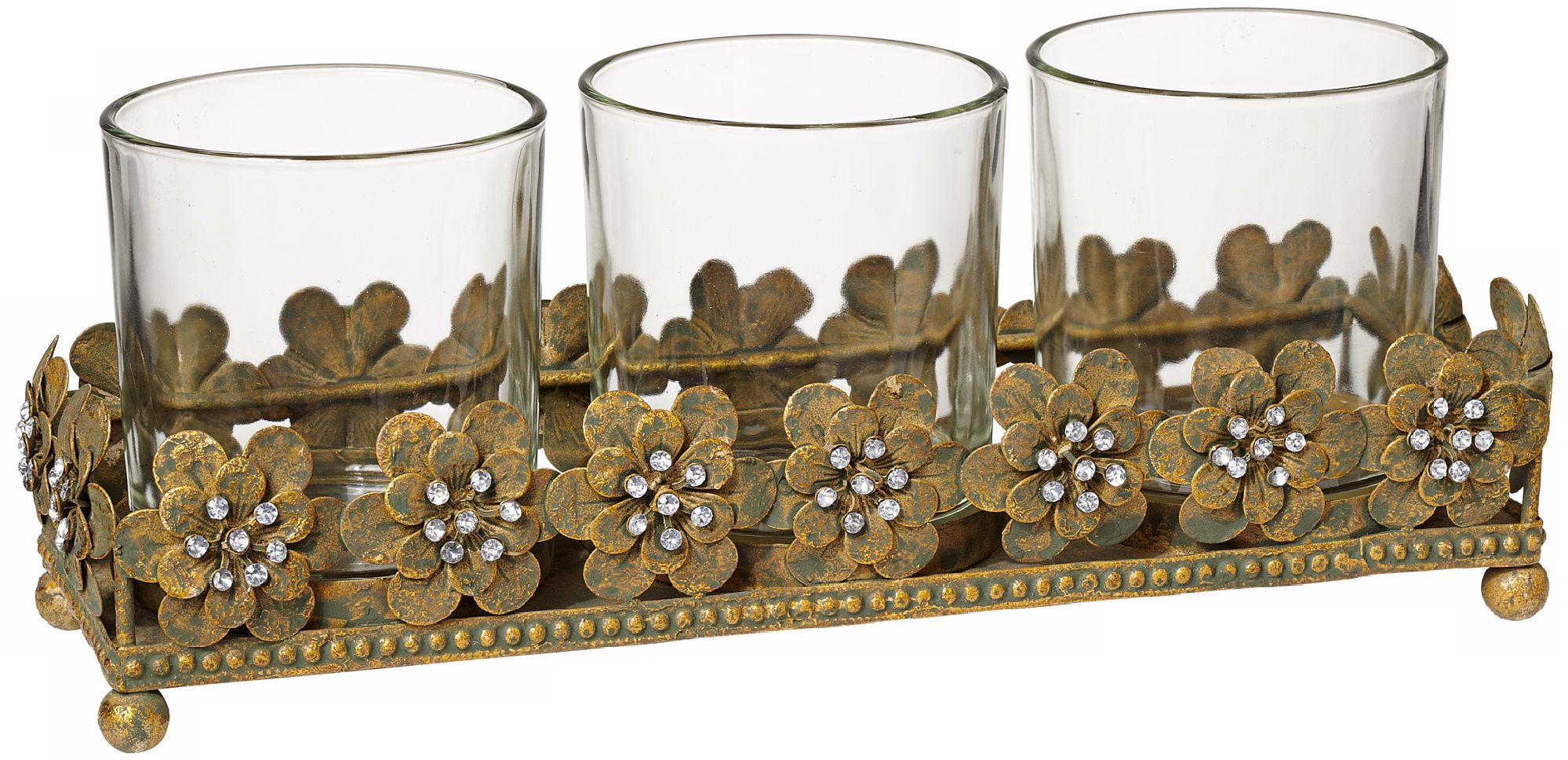 3-Candle Floral Antique Gold Votive Candle Holder
