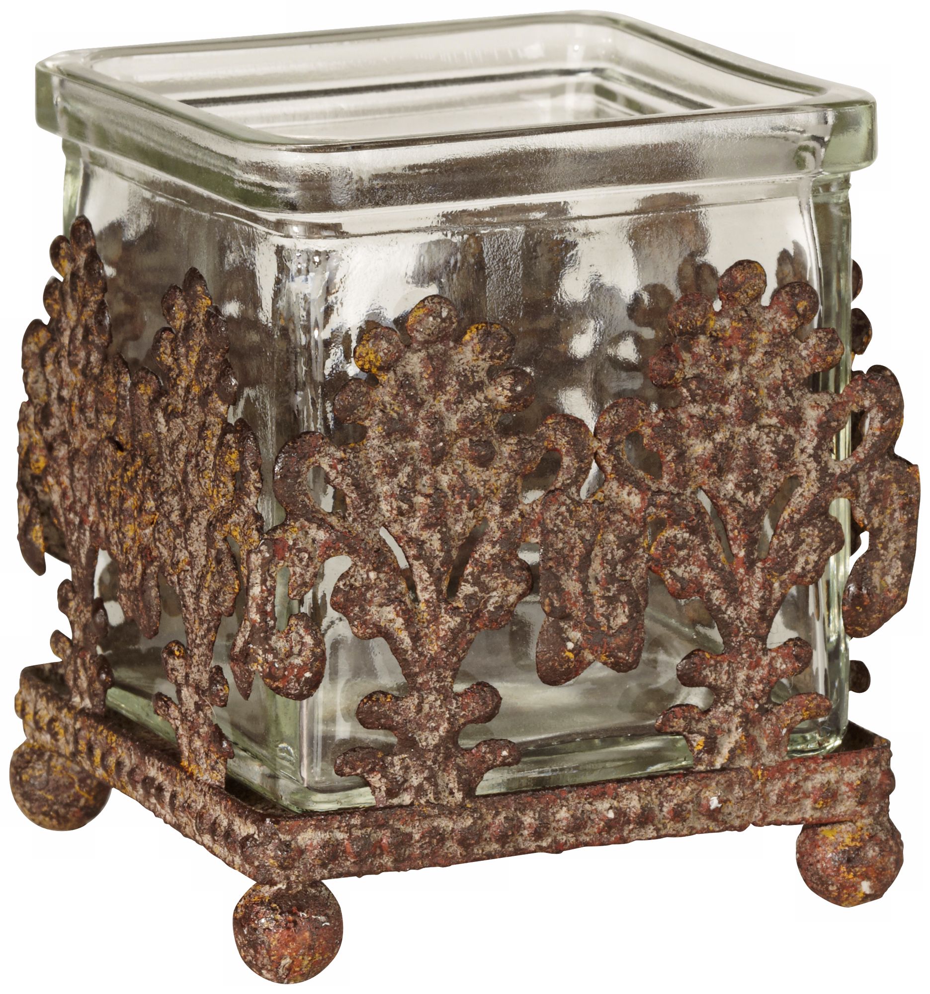 Weathered Metal Base Square Glass Votive Candle Holder