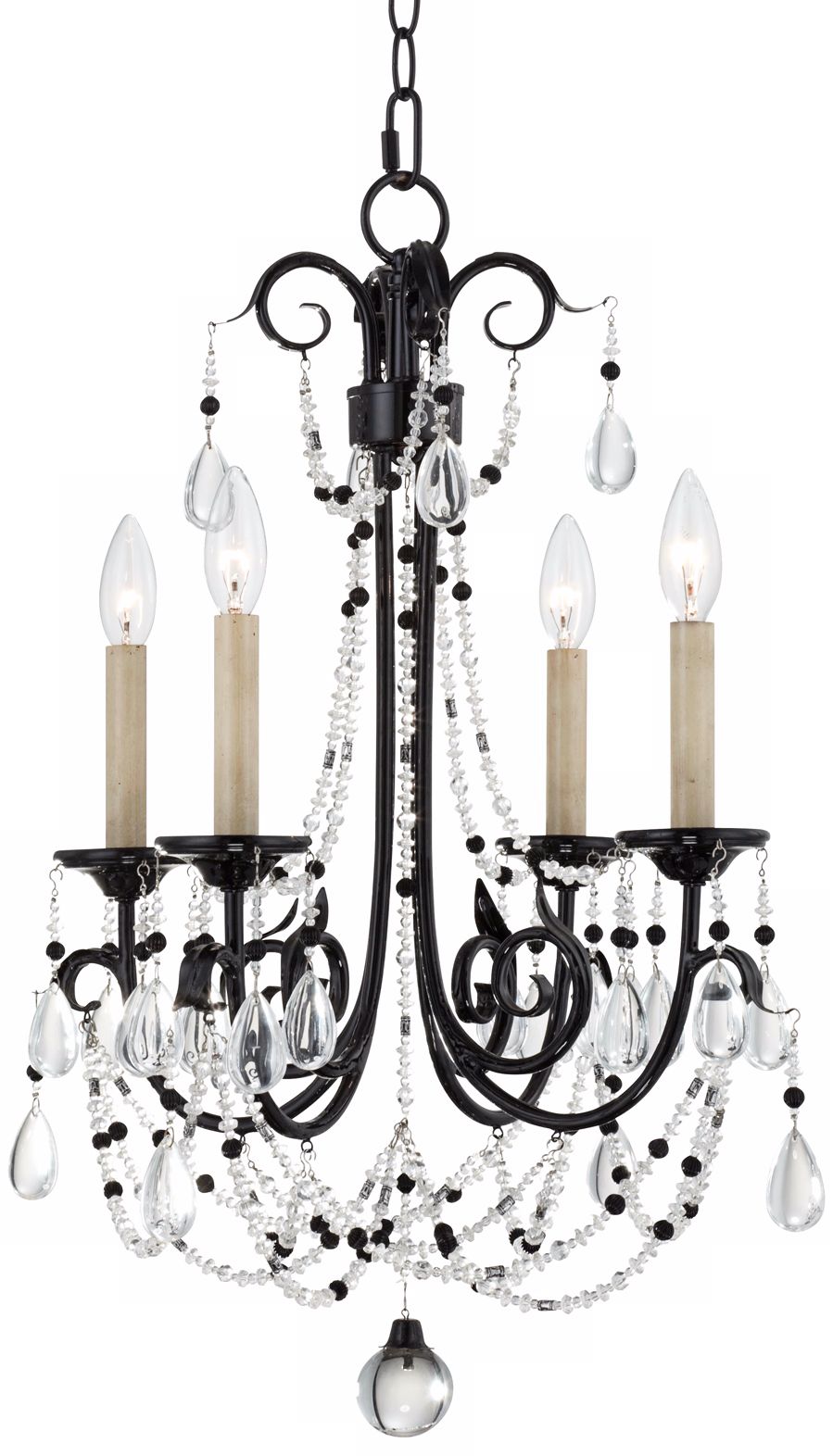 4-Light Black Iron Crystal Droplette Chandelier