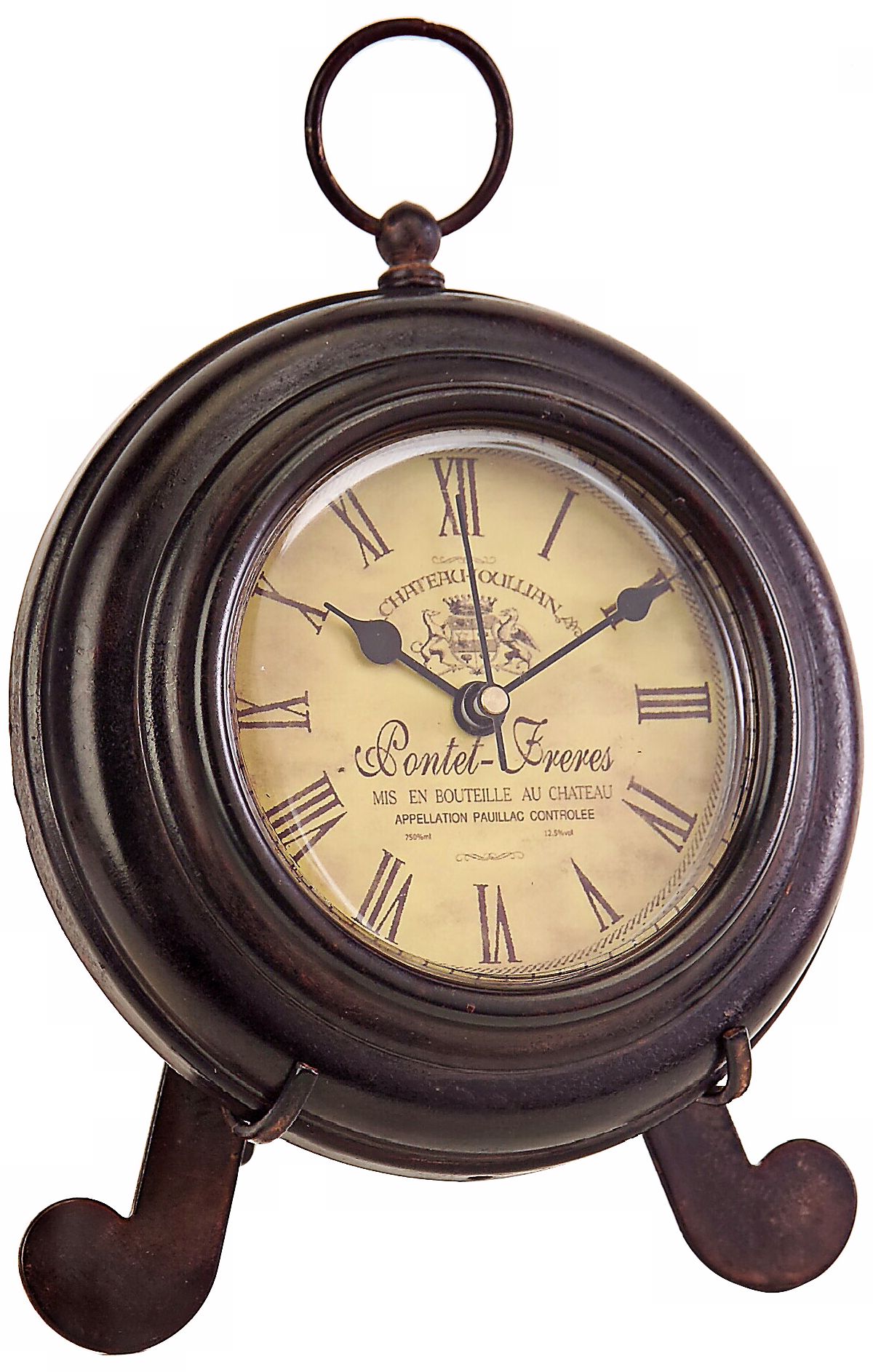 Round Brown Iron Desk Clock with Yellow Face