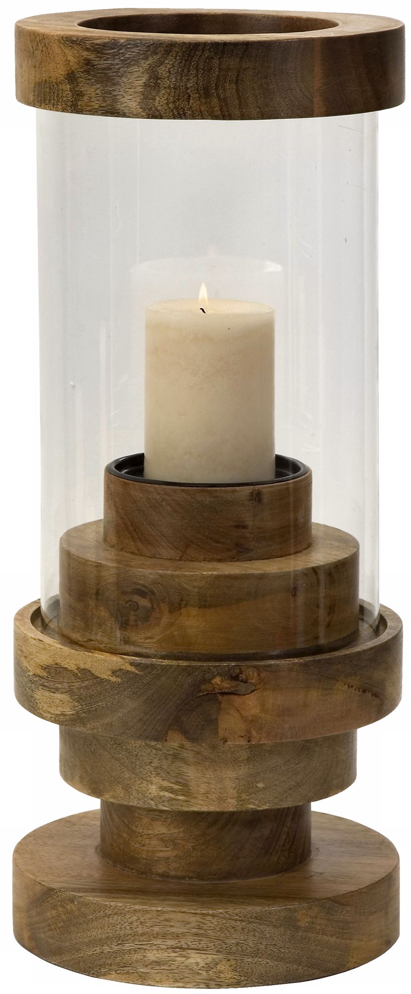 Large Rings Mango Wood Glass Hurricane