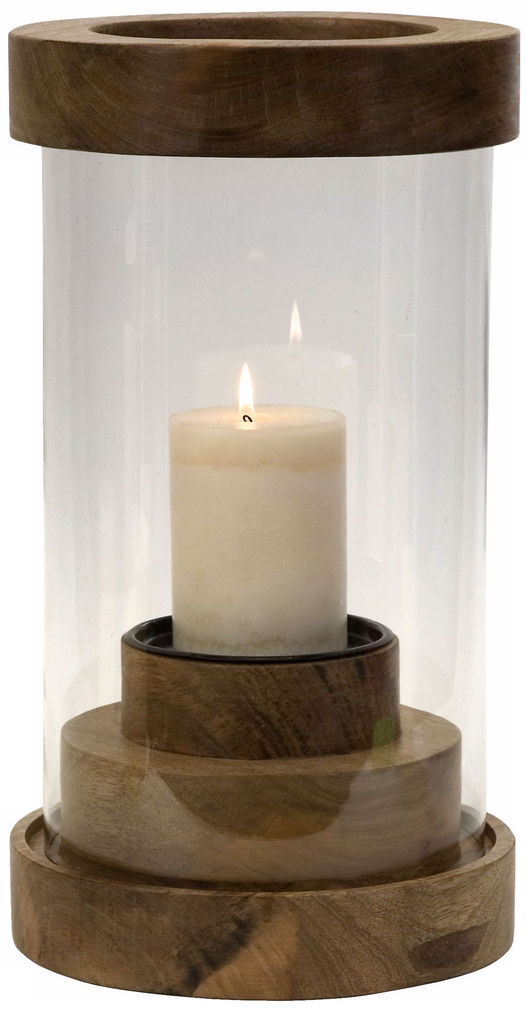 Small Rings Mango Wood Glass Hurricane