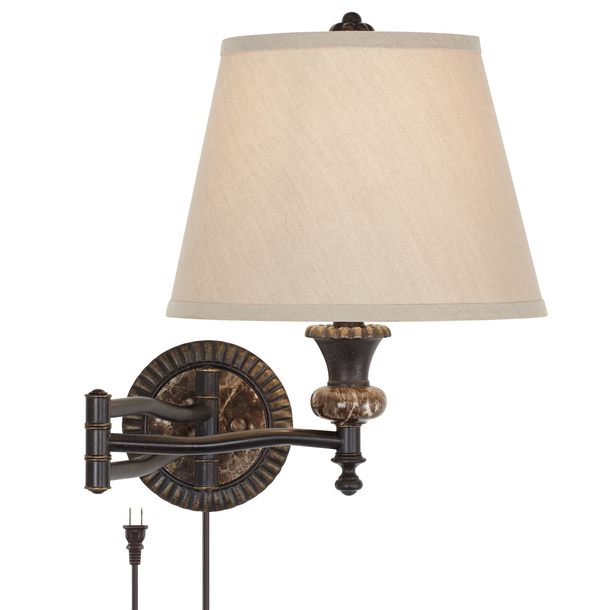 Faux Marble Backplate Bronze Plug-In Swing Arm Wall Lamp