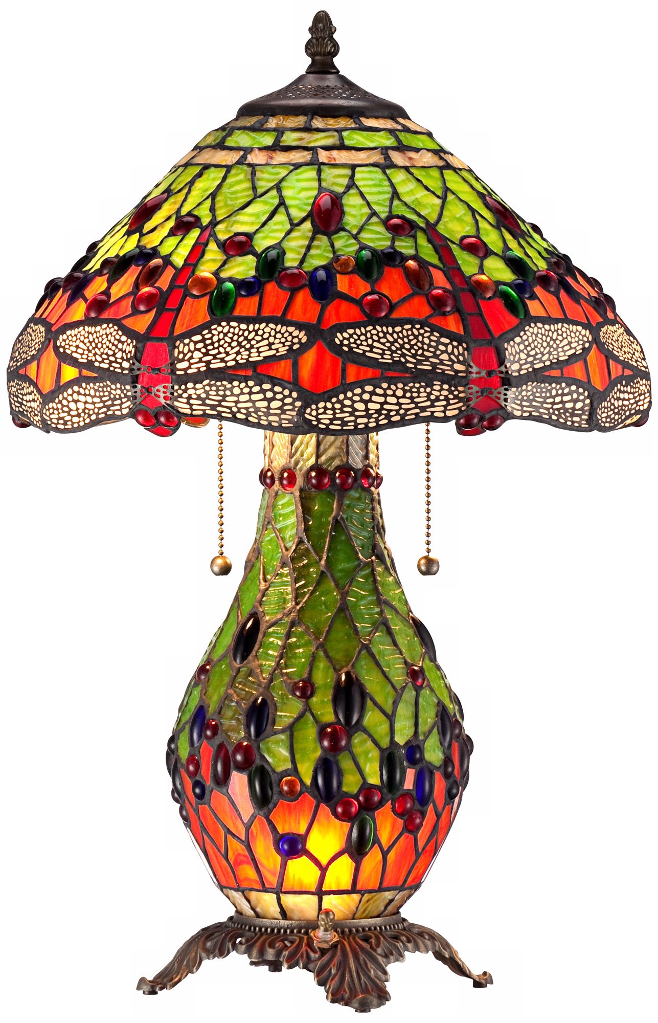 Tiffany Style Green-Red Dragonfly Night Light Table Lamp