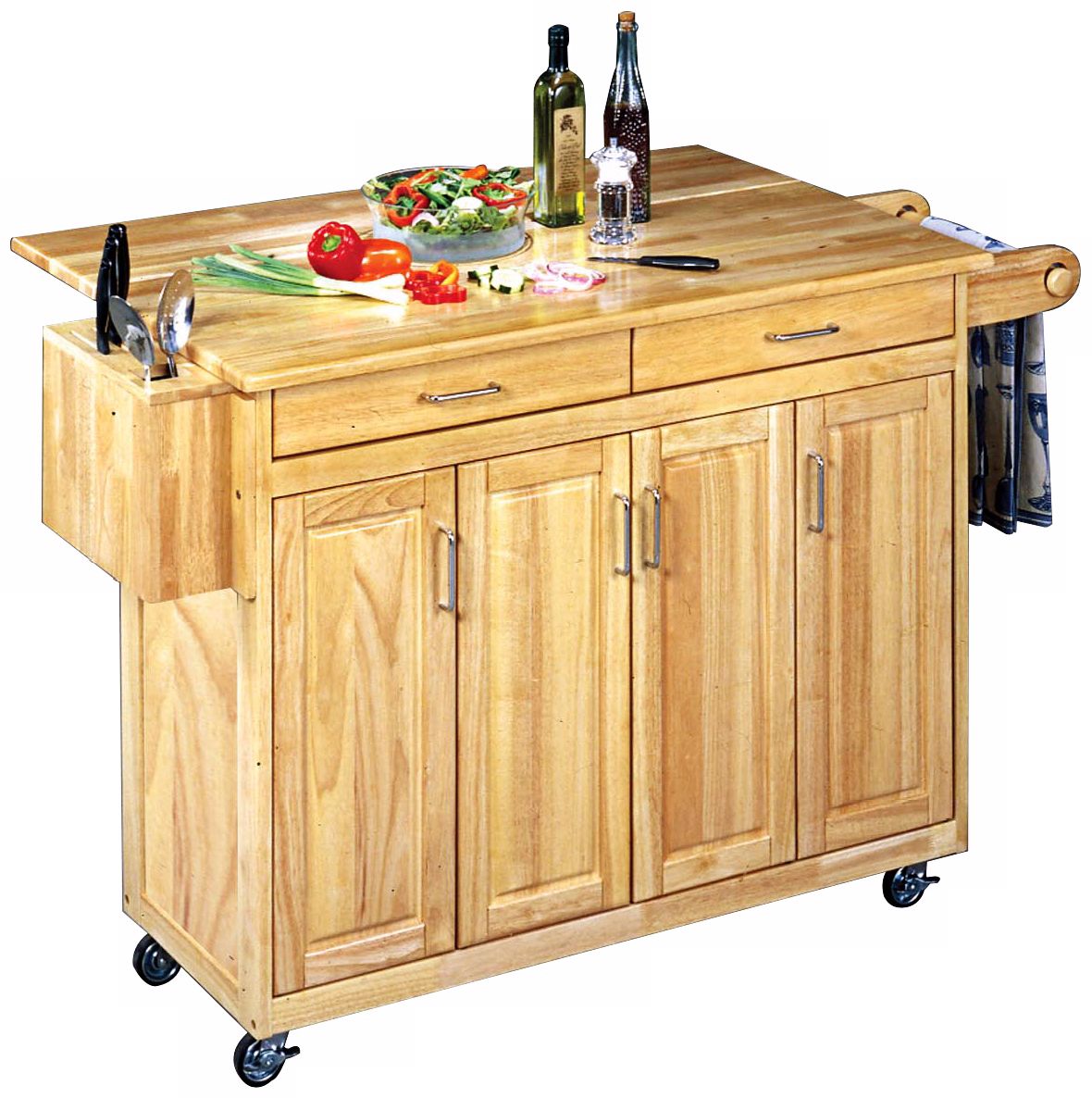 Natural Finish Wood Top Kitchen Cart with Breakfast Bar