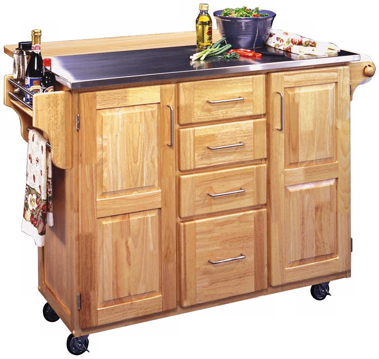 Stainless Steel Top Wood Drop Leaf Kitchen Cart