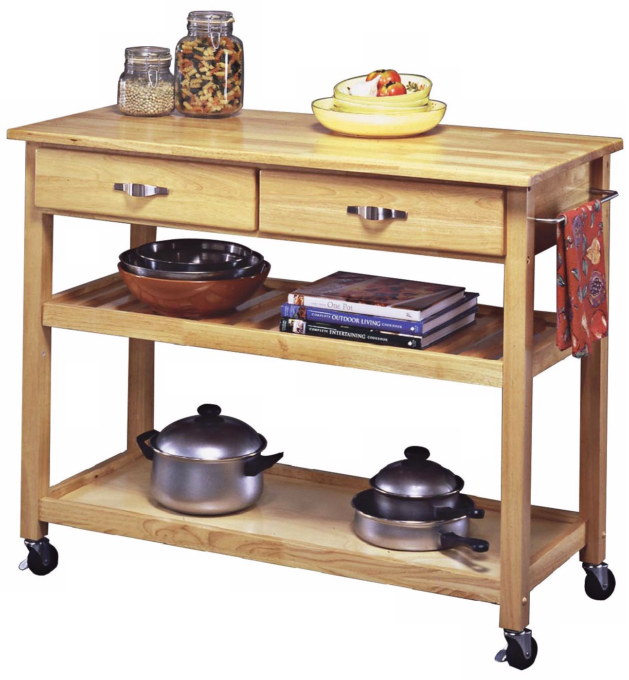 Natural Finish Solid Wood Slotted Shelf Kitchen Cart