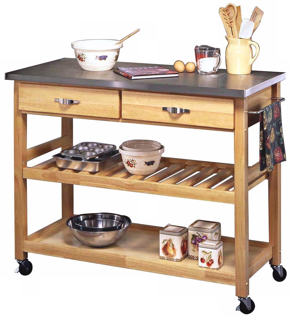 Stainless Steel Top Natural Wood Kitchen Cart Work Center