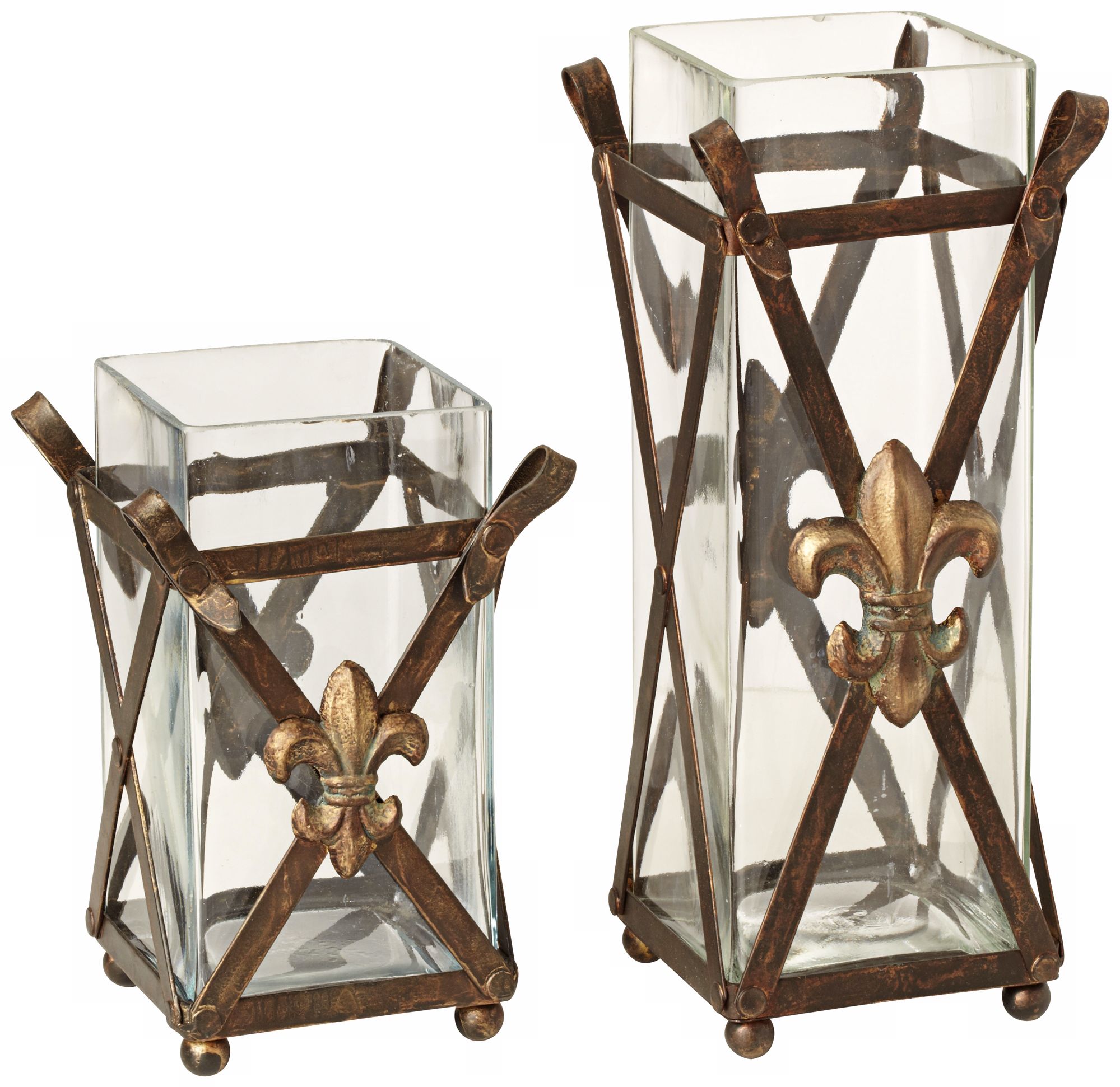 Set of 2 Metal and Glass Fleur de Lis Candle Holders