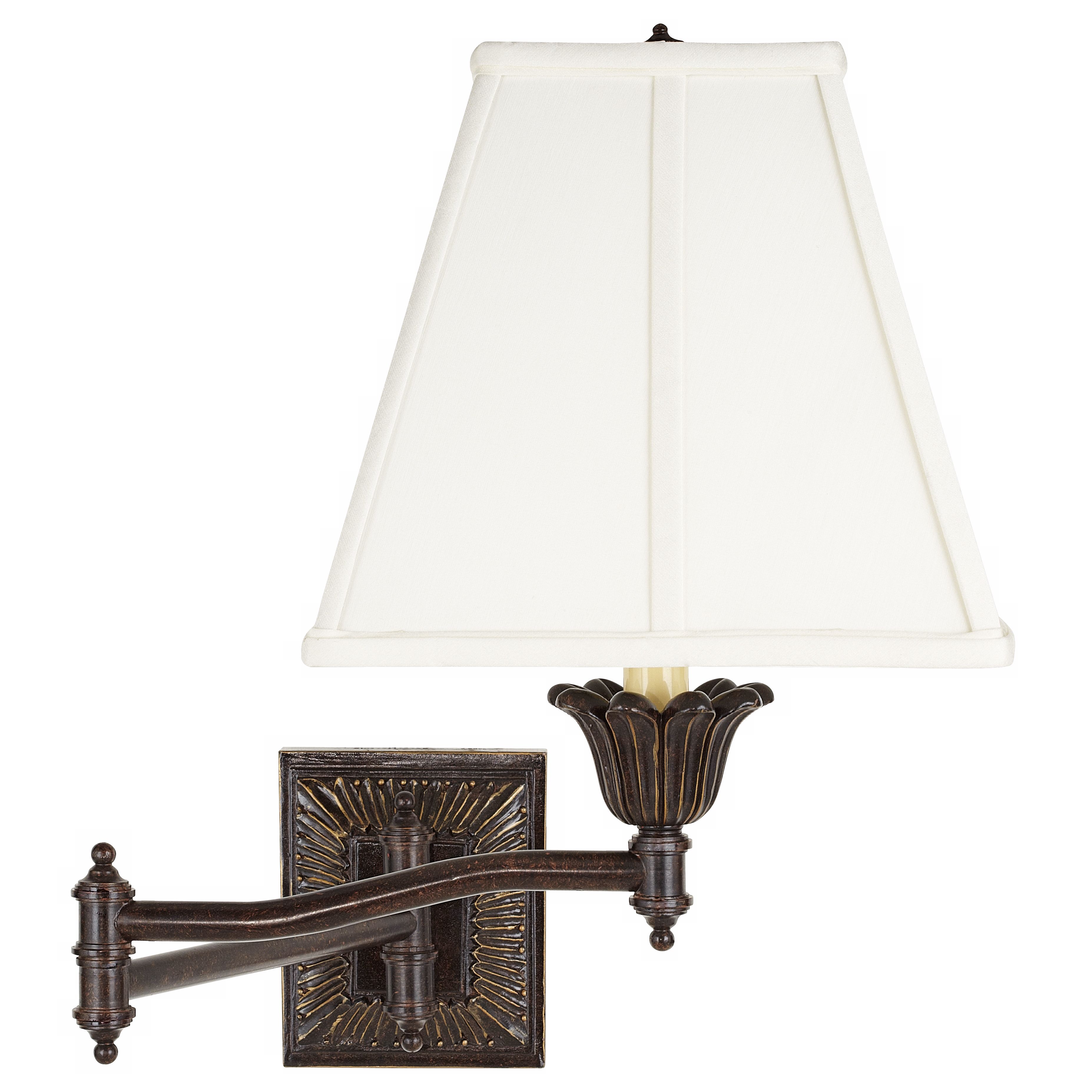 Ivory Fabric Shade Bronze Plug-InSwing Arm Wall Lamp