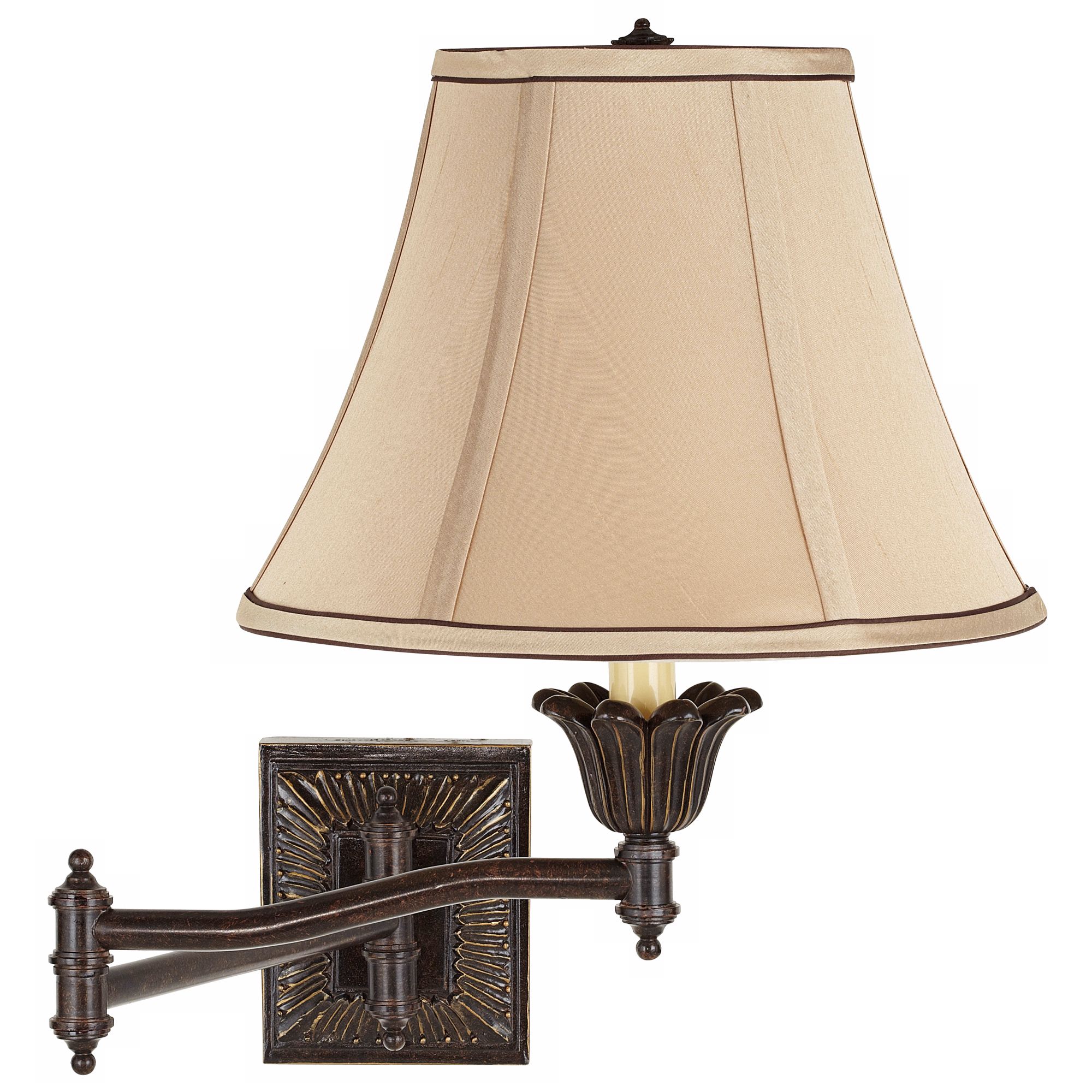 Tan and Brown Trim Bell Shade Plug-In Swing Arm Wall Lamp