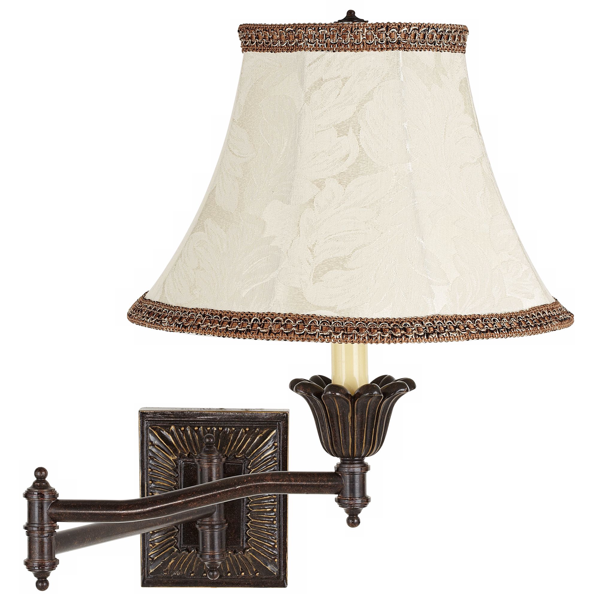Ivory Jacquard Shade Bronze Plug-In Swing Arm Wall Lamp