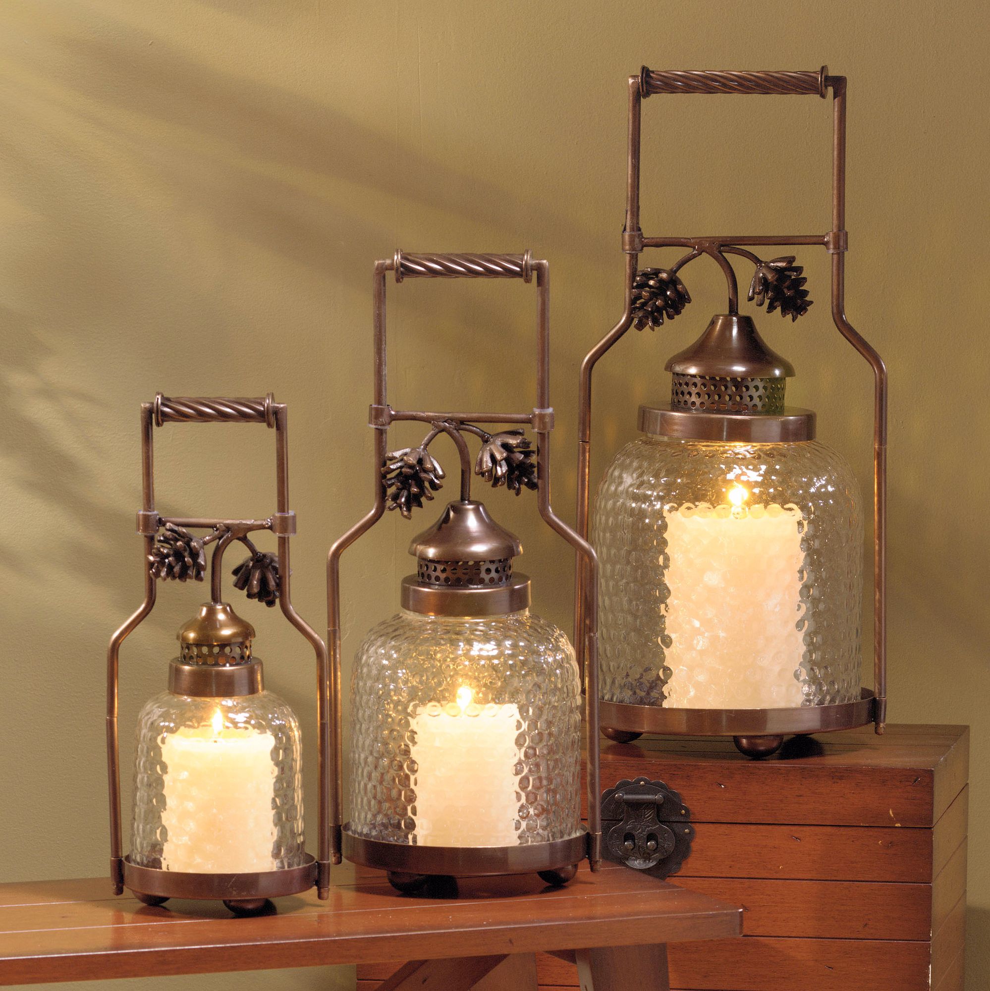 Set of 3 Copper Antique Pinecone Lanterns