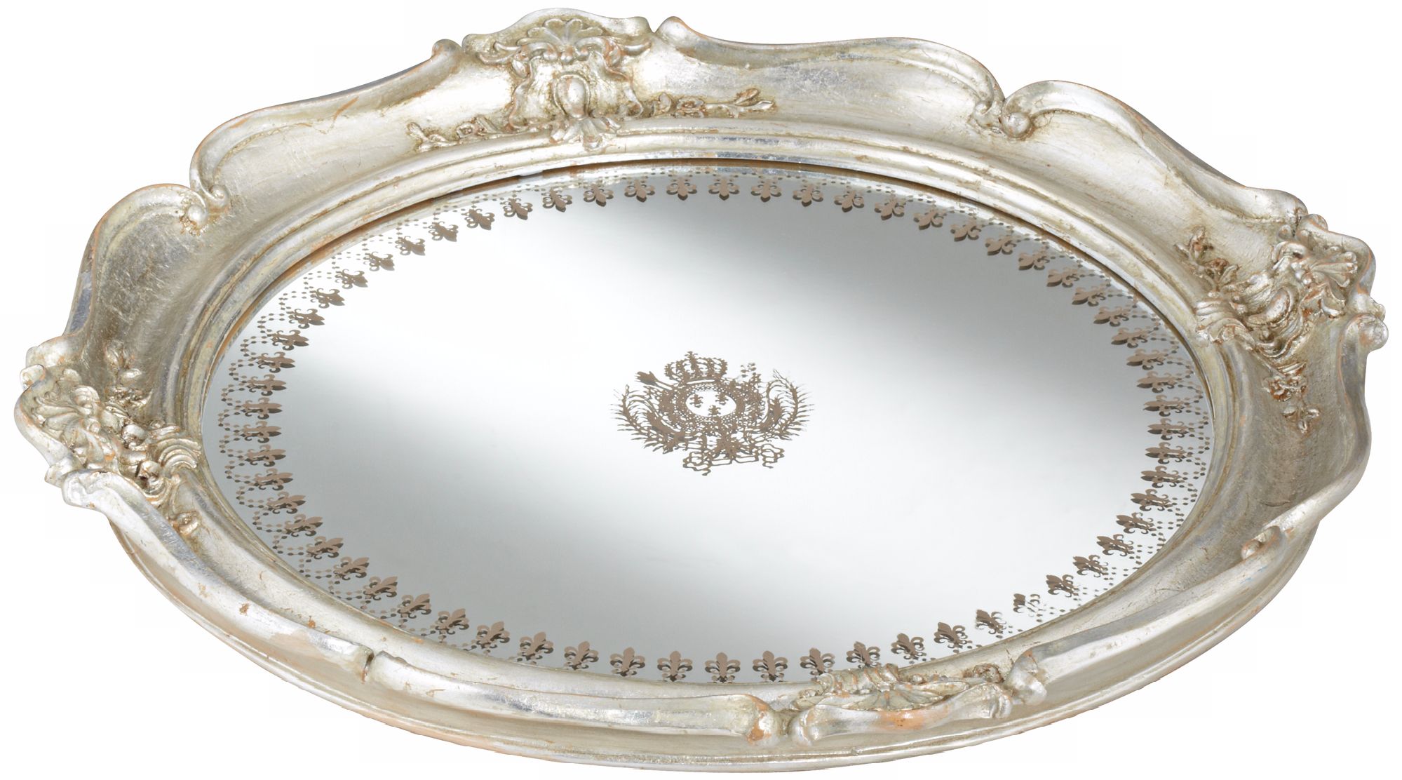Script Pattern 14 1/2" Wide Round Silver Mirrored Tray