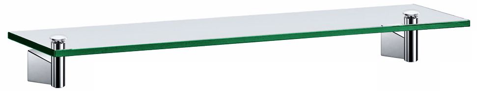 Chrome finish. Glass shelf. Includes all mounting hardware. 20" wide 