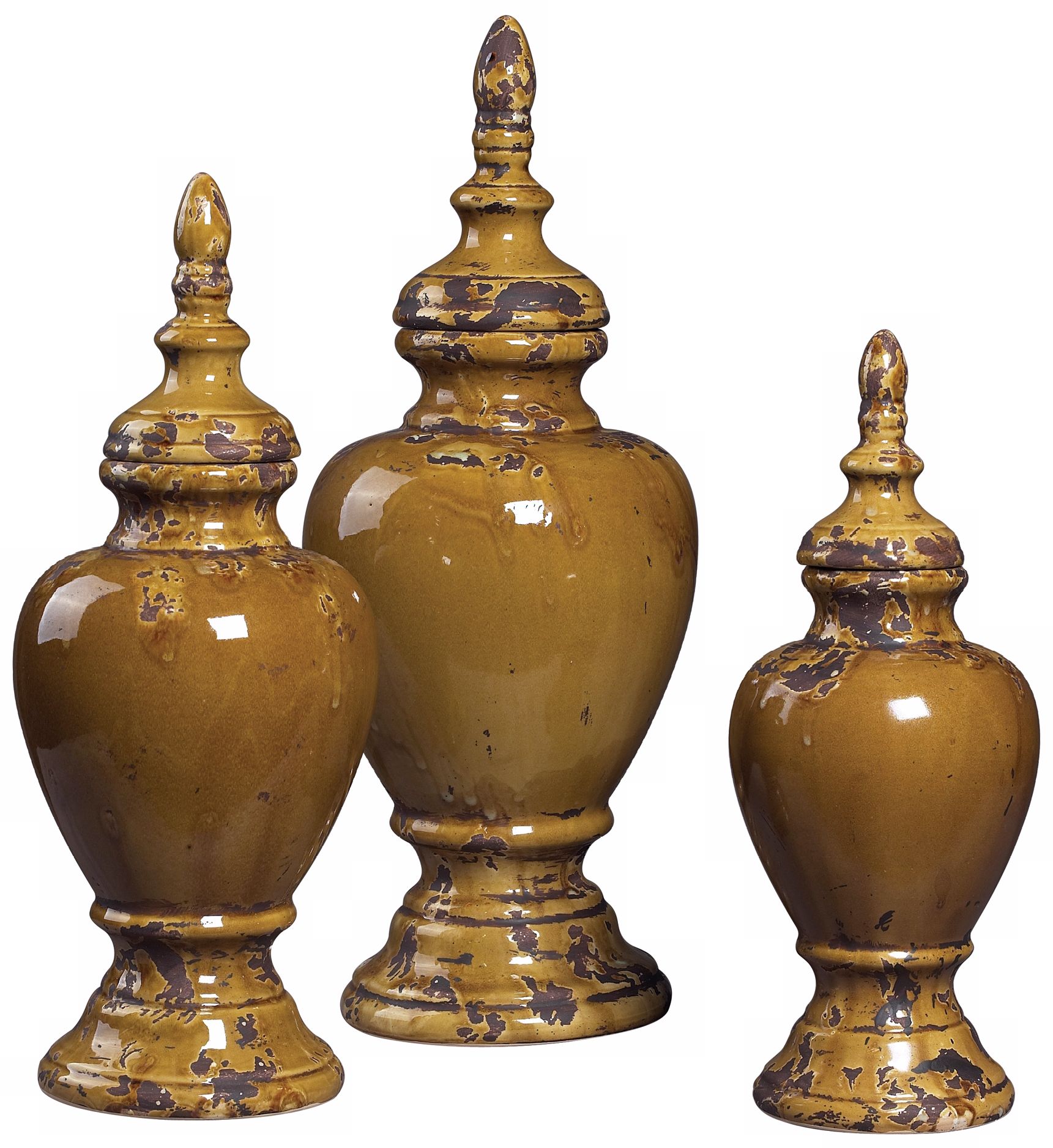 Set of 3 Lidded Dijon Yellow Ceramic Jars