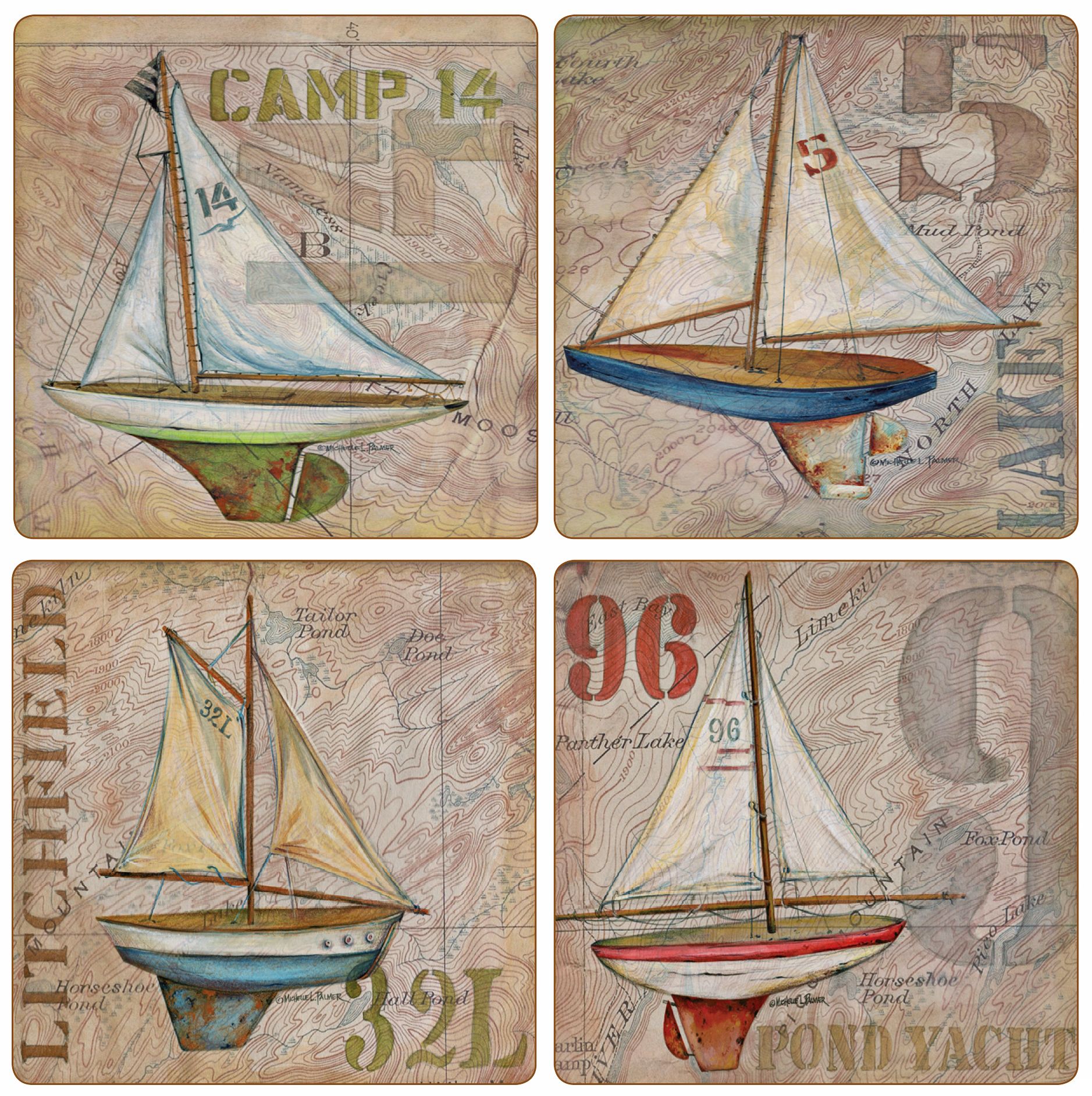 Hindostone Set of Four Vintage Pond Yachts Stone Coasters