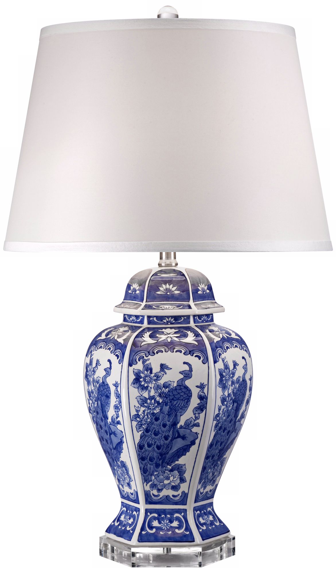 Blue and White Porcelain Peacock Temple Jar Table Lamp