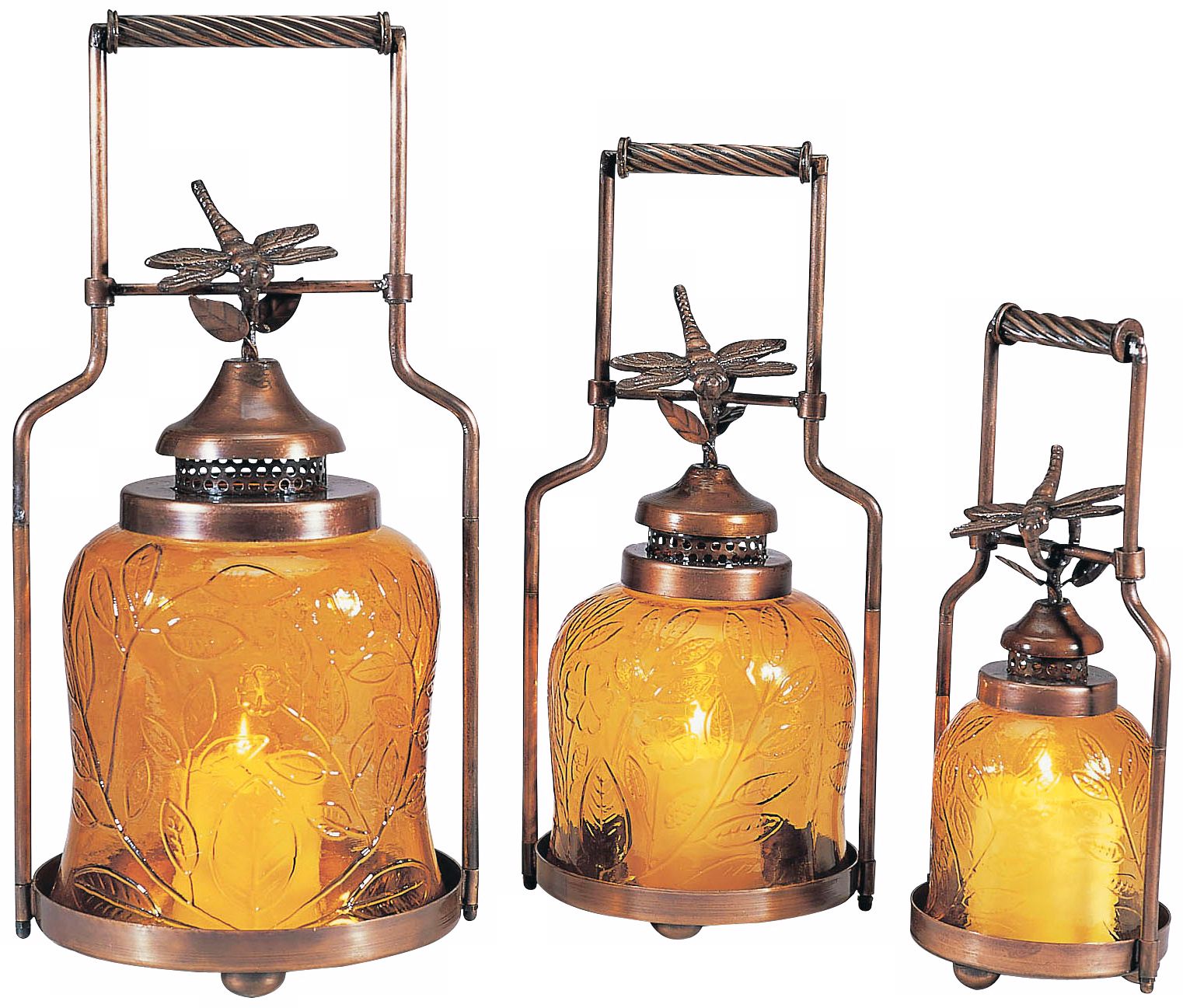 Set of 3 Amber Glass Dragonfly Nested Lanterns