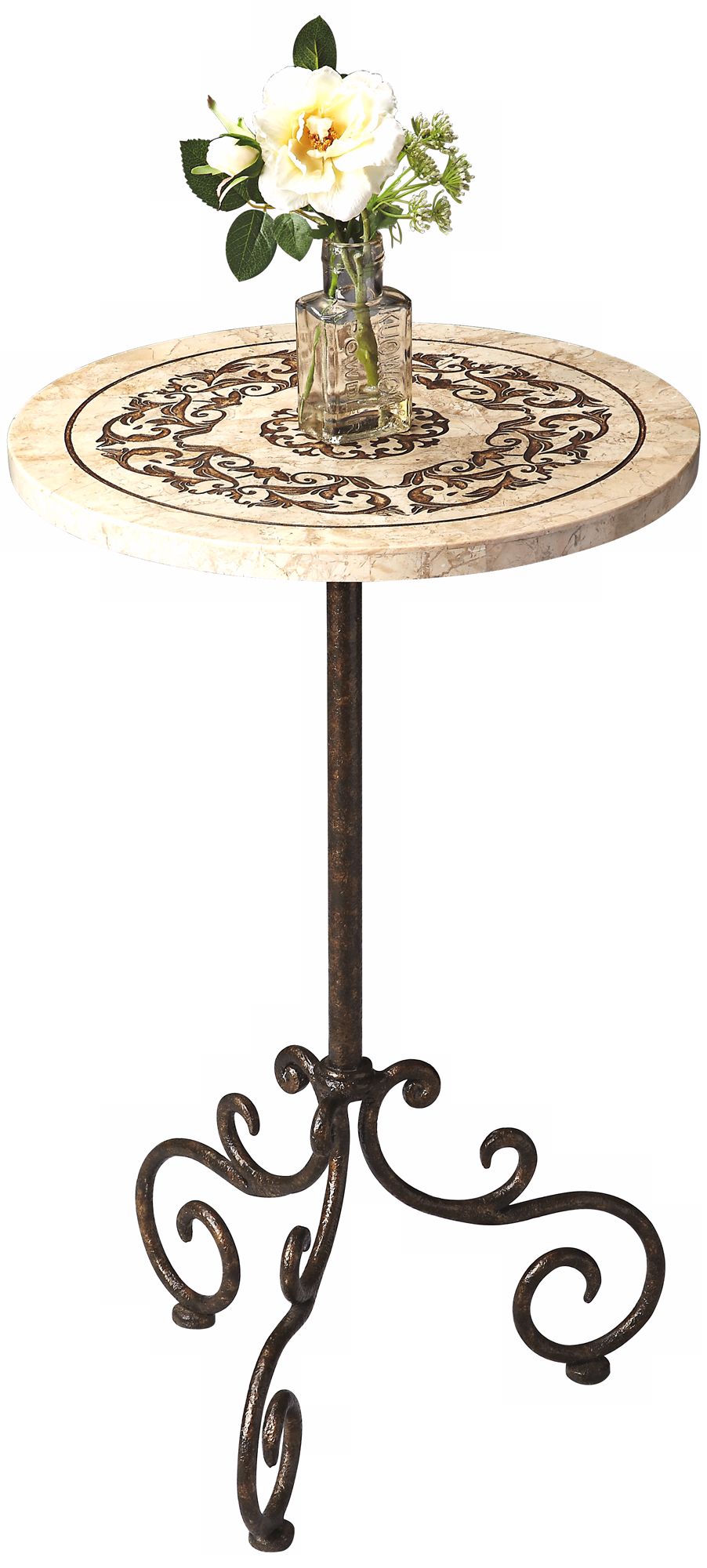 Metalwork Scrolled Fossil Stone Pedestal Table
