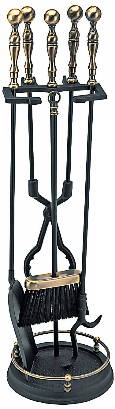 Round Base Black 4-Piece Brass Fireplace Tool Set