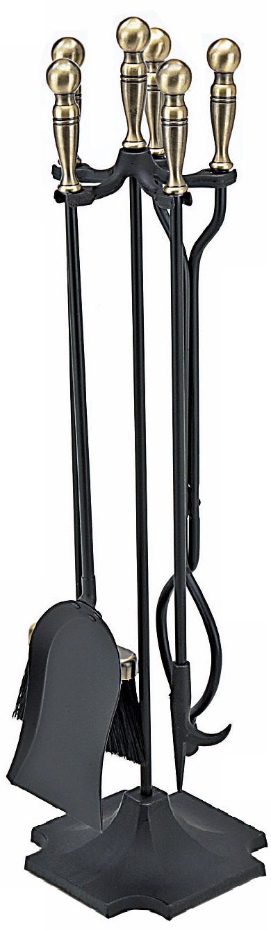 Square Base Black 4-Piece Brass Fireplace Tool Set