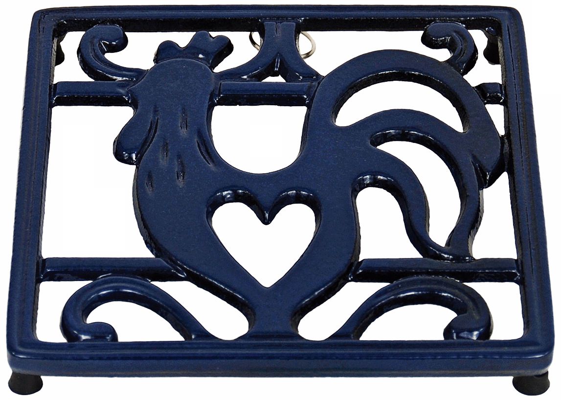 7" Square Blue Rooster Cast Iron Trivet