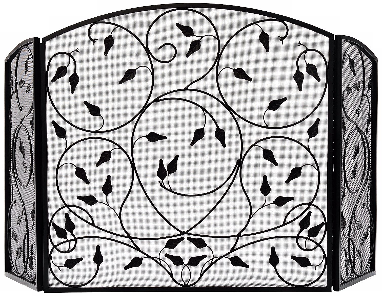 Leaves Three-Fold Black 32" High Arched Fireplace Screen