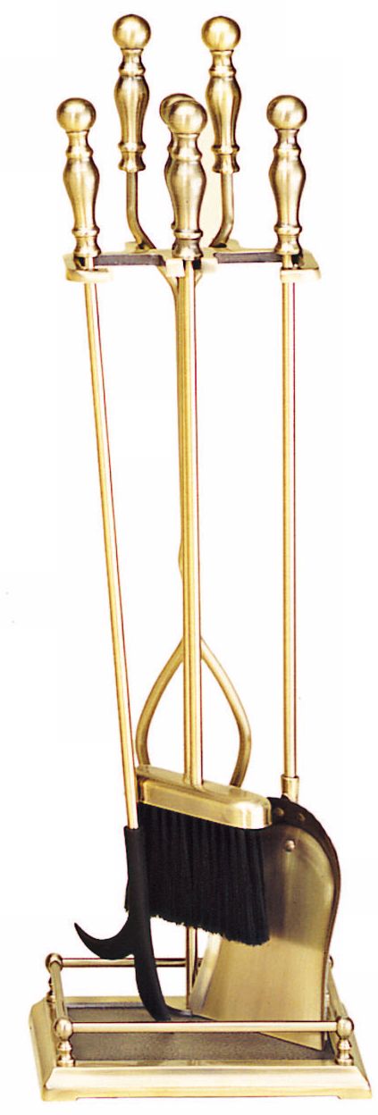 Antique Brass-Plated Framed Base 4-Piece Fireplace Tool Set
