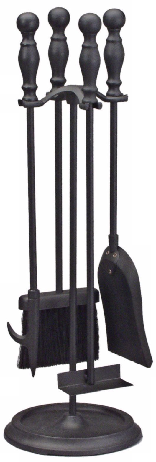 Set of 4 Black Wrought Iron Fireplace Tools with Base