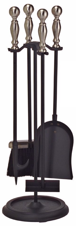 Set of 4 Pewter and Black Wrought Iron Fireplace Tools