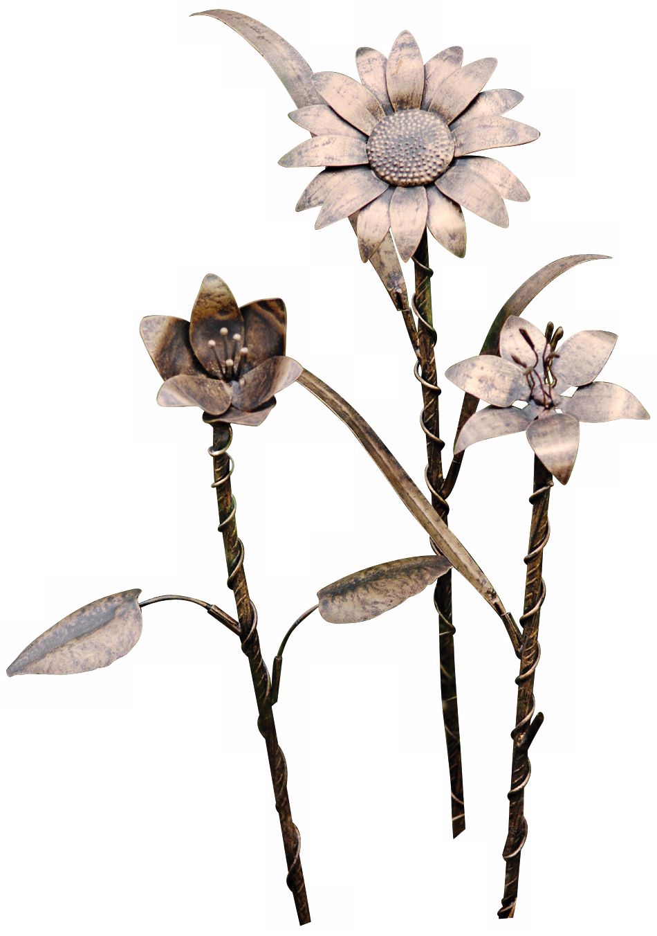 Set of 3 Gold Finish Steel 18" High Metal Garden Flowers