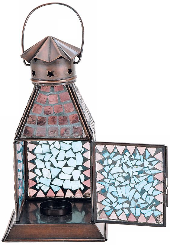 Small Iron and Blue Glass Mosaic Lantern Candle Holder