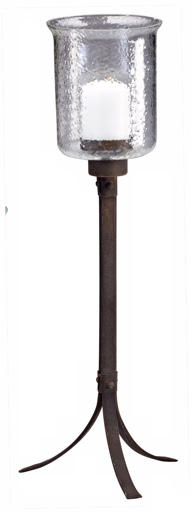 Large Tres Rustic Iron and Hammered Glass Candle Holder
