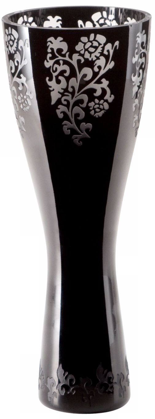 Large Floral Etched Glass Black Vase