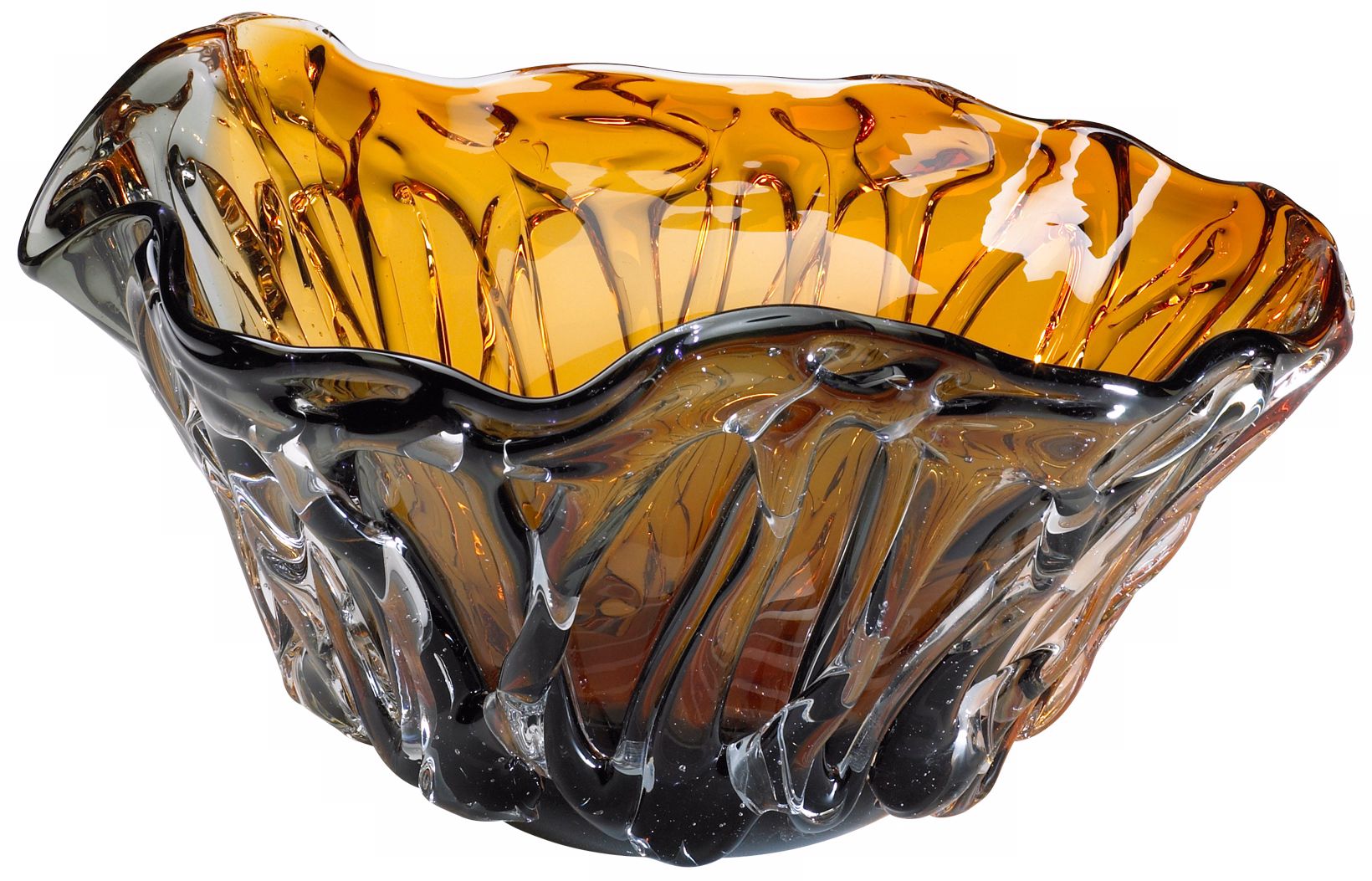 Wavelike Amber and Smoke Colored Duo Art Glass Bowl