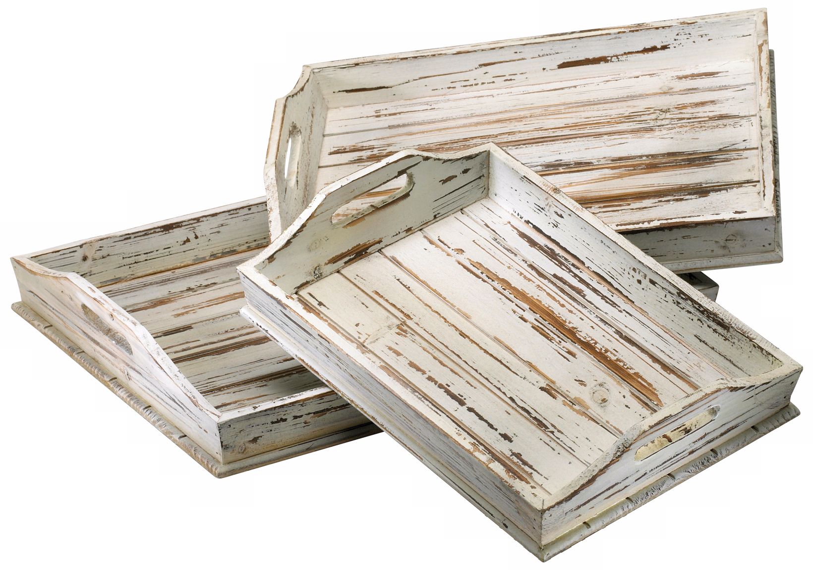 Set of 3 Distressed White Rectangular Wood Trays