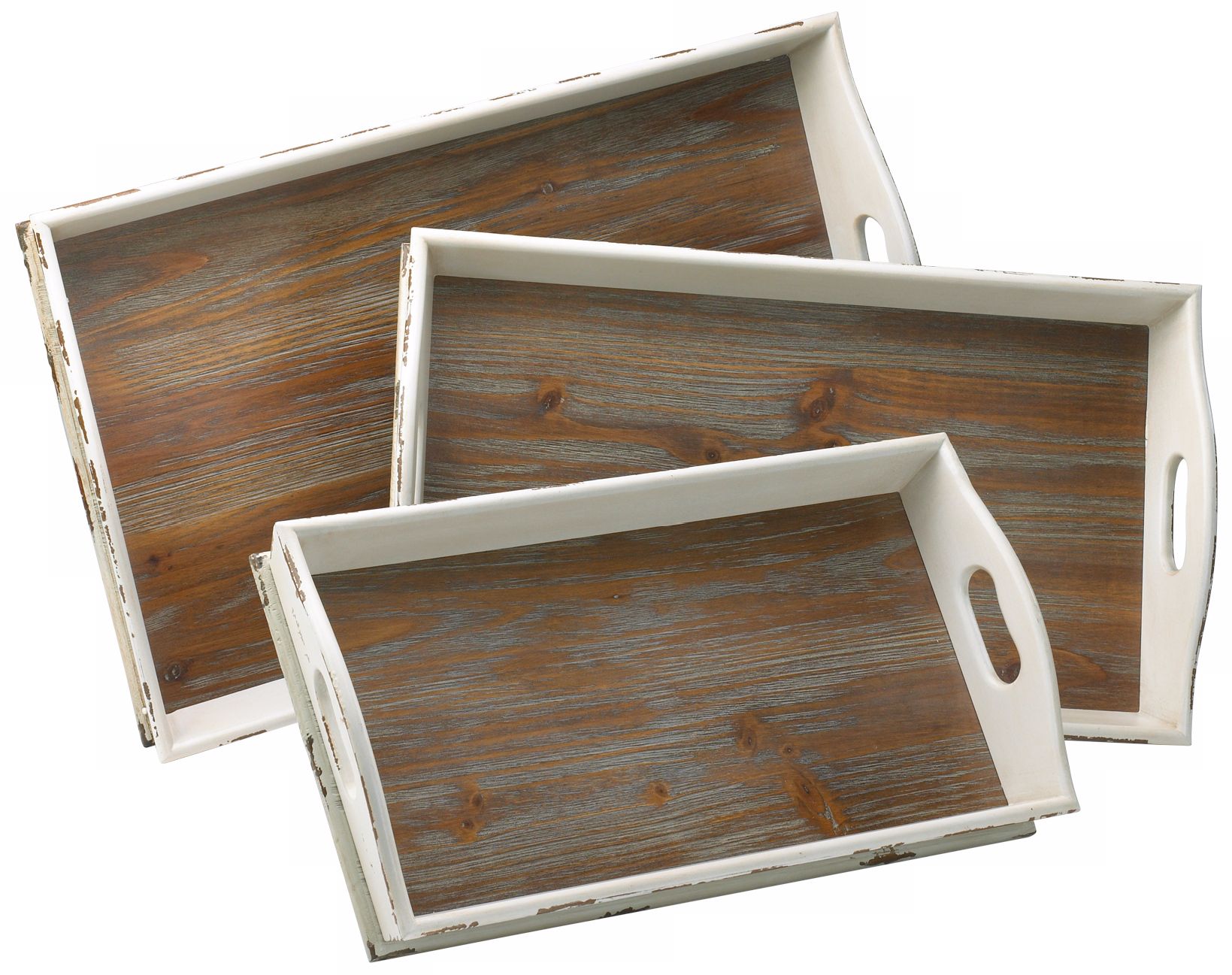 Set of 3 Alder Distressed White and Gray Wood Nesting Trays