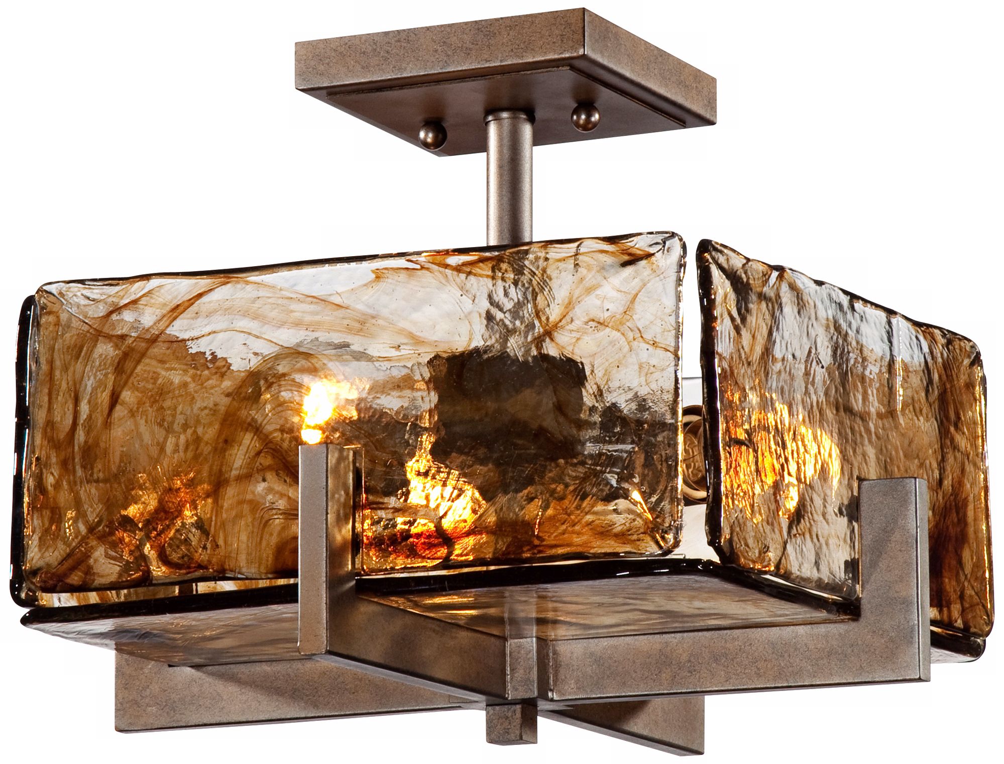 Square Bronze Gold Art Glass 14" Wide Ceiling Light Fixture