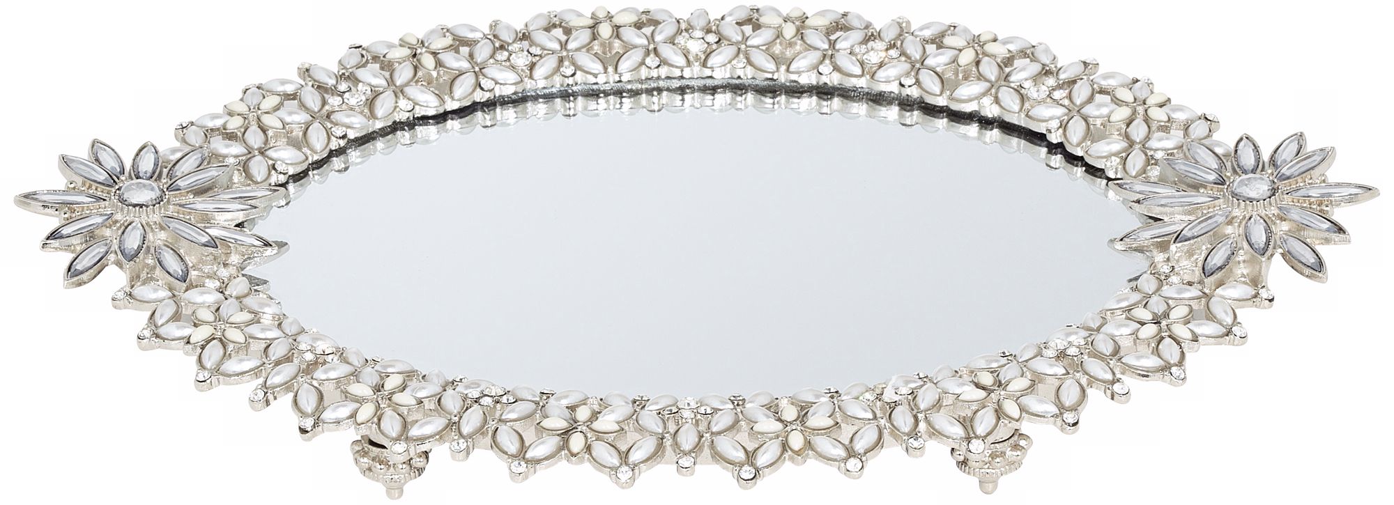 Silver Jeweled Mirror Tray with Feet