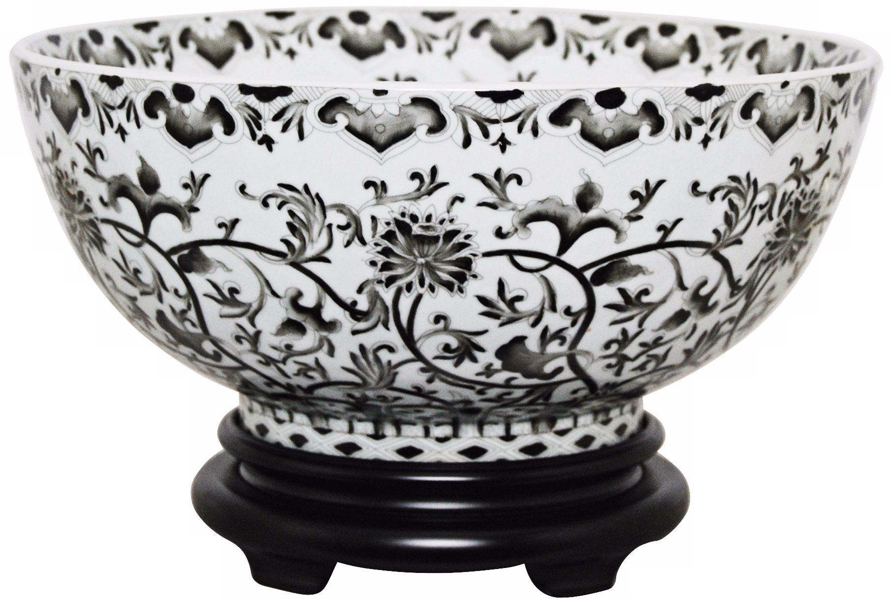 Black Floral Porcelain Bowl with Base