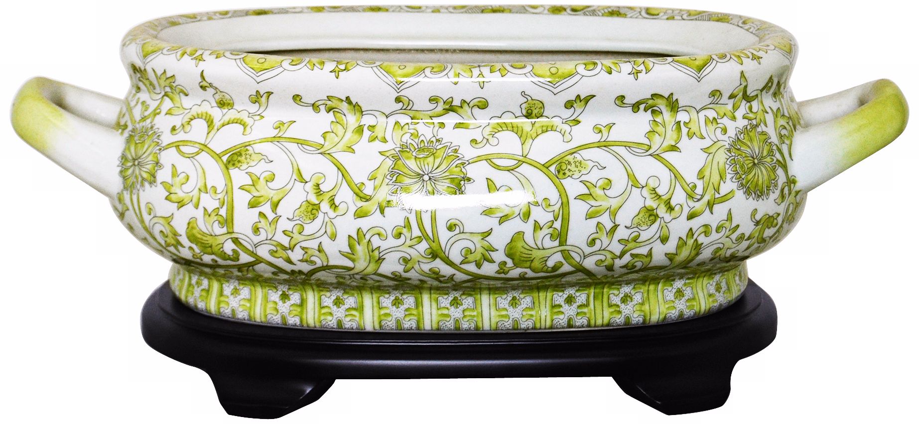 Green and White Floral Porcelain Footbath with Base
