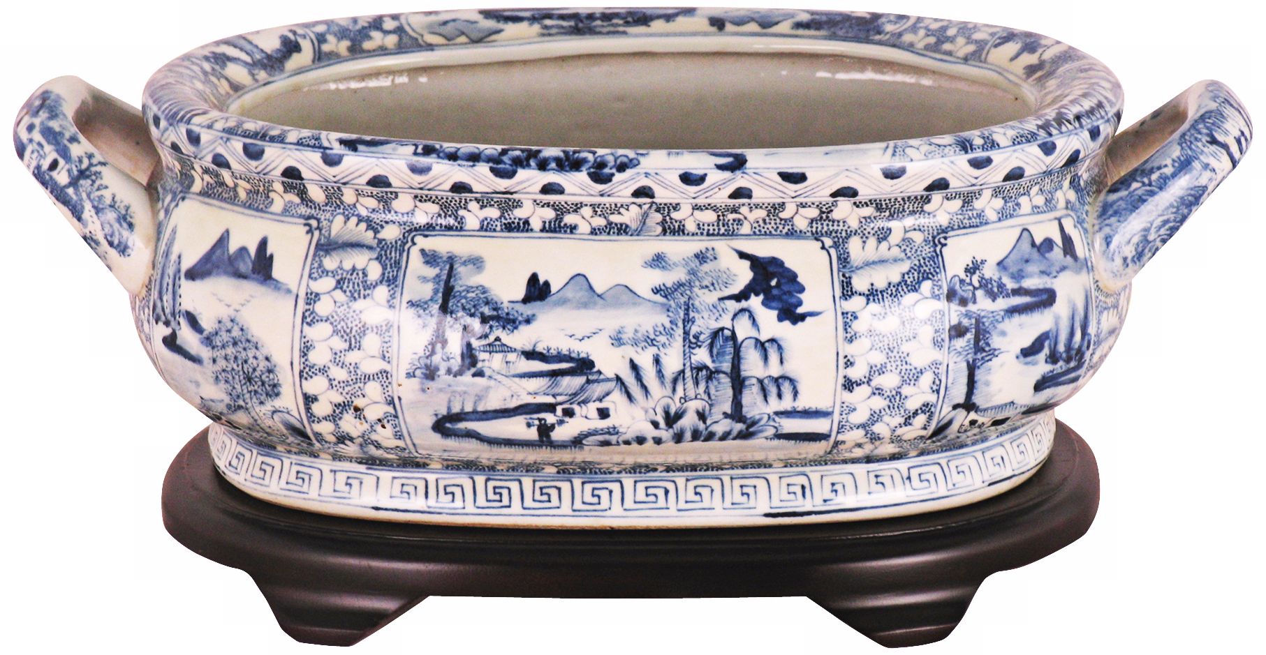 Blue and White Landscape Porcelain Footbath with Base