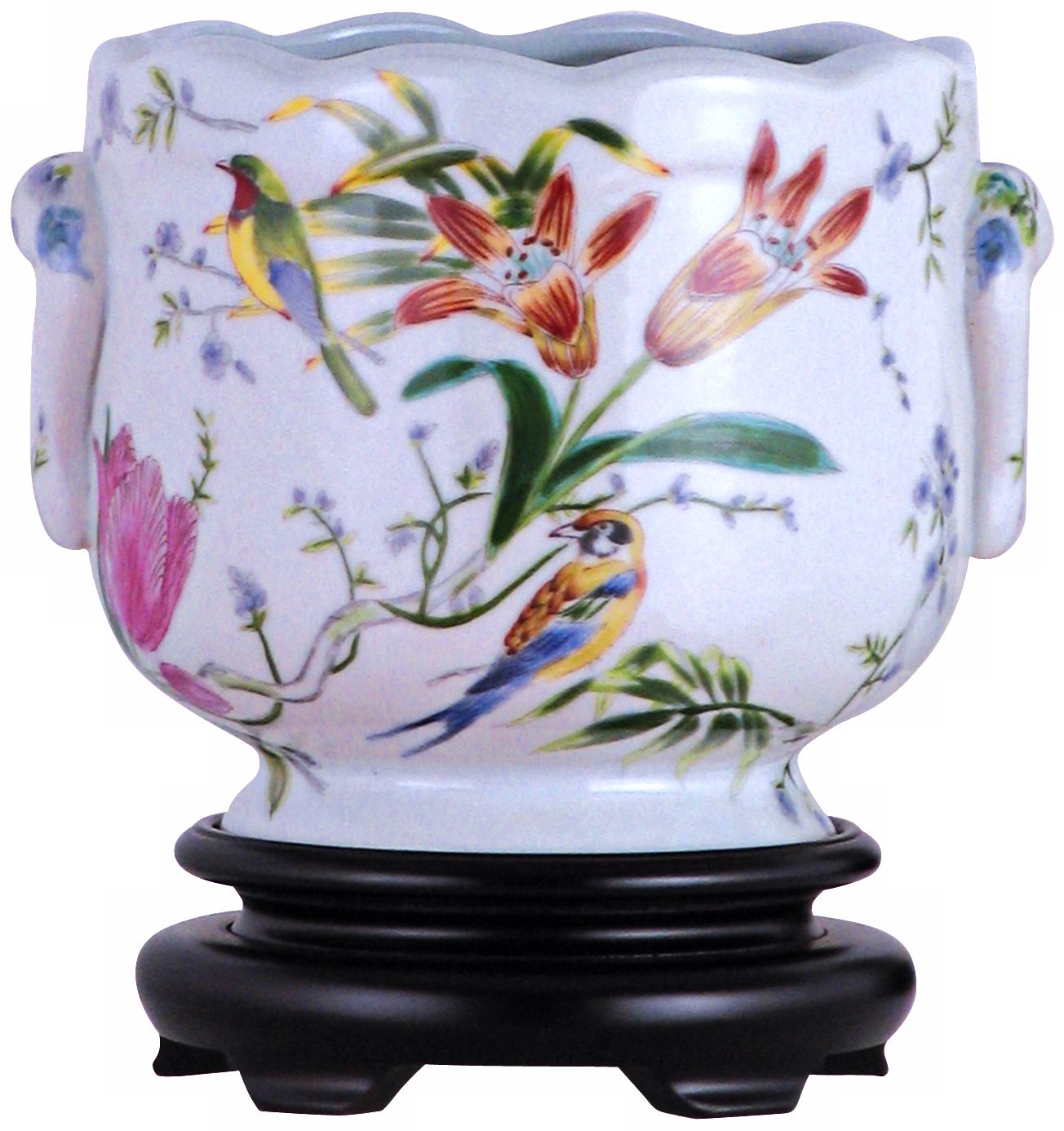 Tropical Birds Hand-Painted Porcelain Cachepot